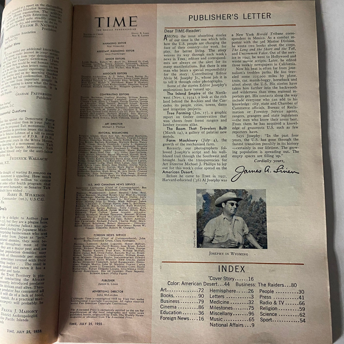Publisher's letter page from Vintage Time Magazine July 25, 1955 Vol 66 No. 4 Nikolai Bulganin, featuring editorial details and a photograph of Joseph A. Liev. Historical context of the Cold War era.