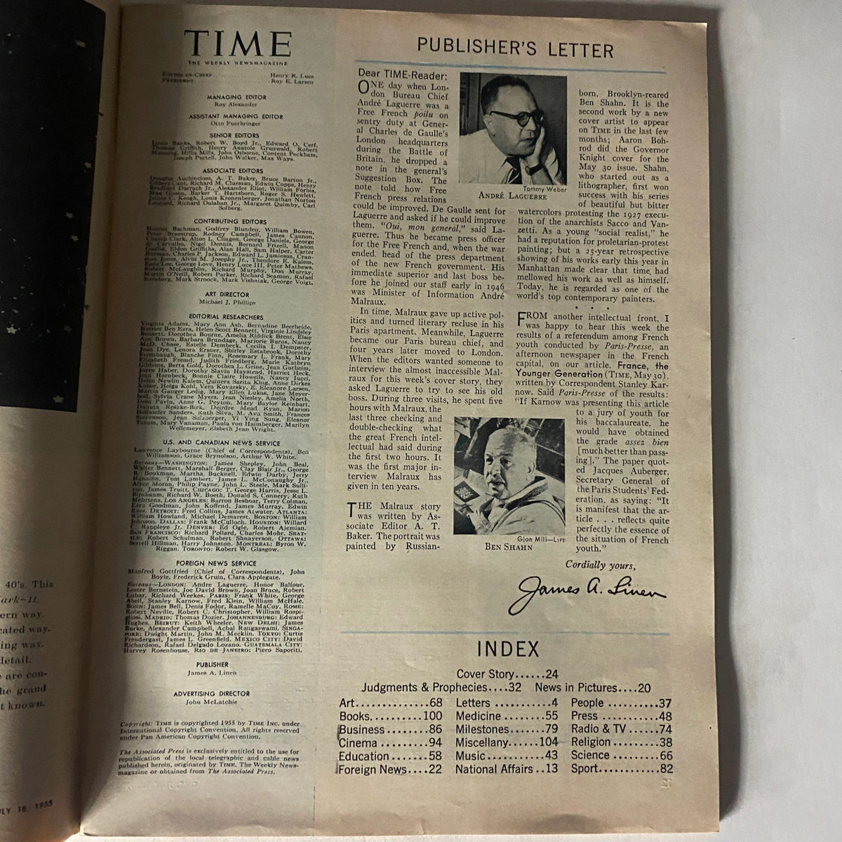 Vintage Time Magazine July 18, 1955 Vol 66 No. 3 France's André Malraux