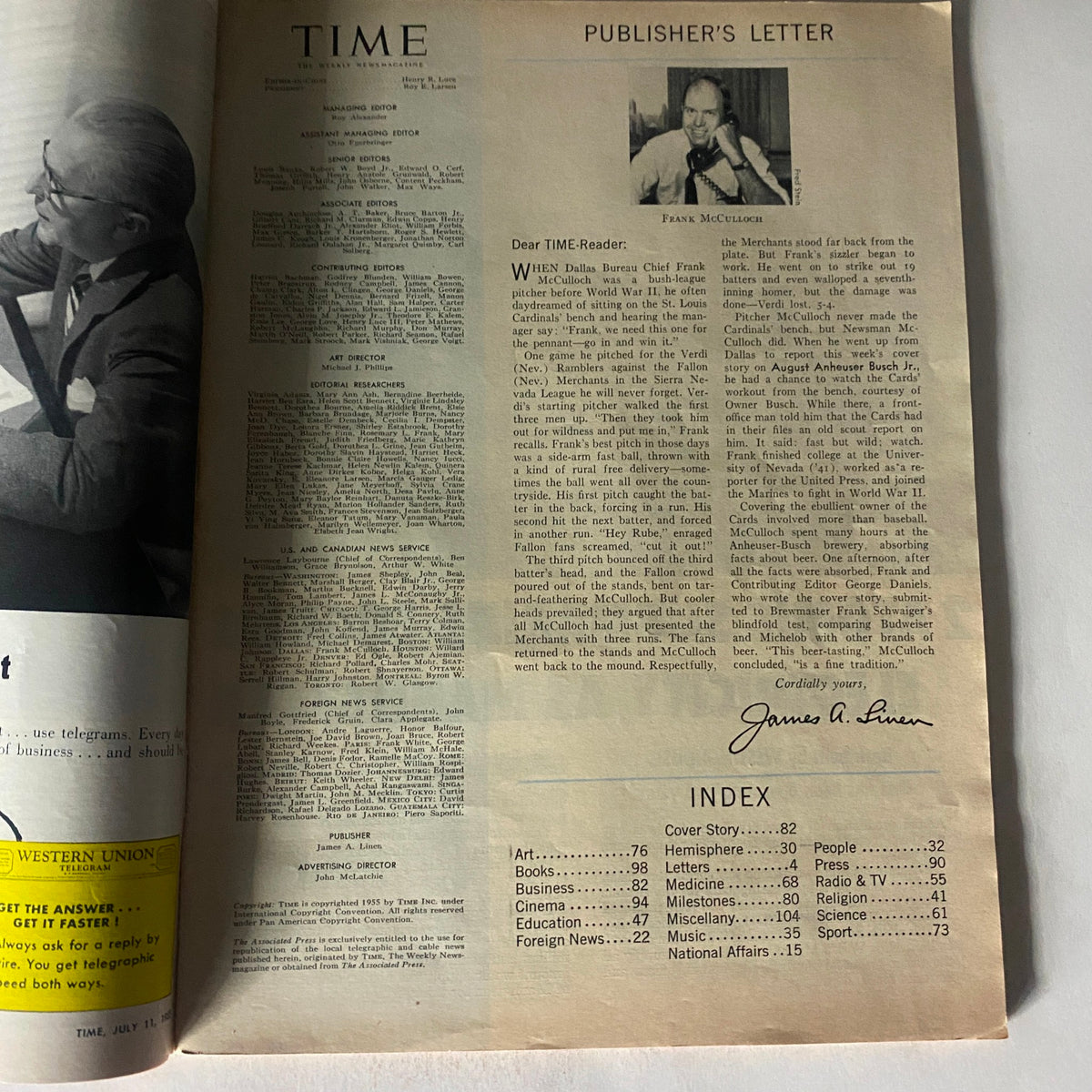 Inside page of VTG Time Magazine July 11, 1955 Vol 66 No. 2, displaying the Publisher's Letter and index with a formal layout typical of mid-20th-century publications.