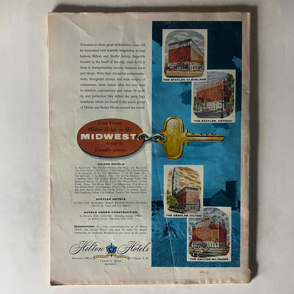 Back page of VTG Time Magazine July 11, 1955 Vol 66 No. 2 showing an advertisement for Hilton Hotels, highlighting their service and Midwest locations, designed in a classic vintage style.