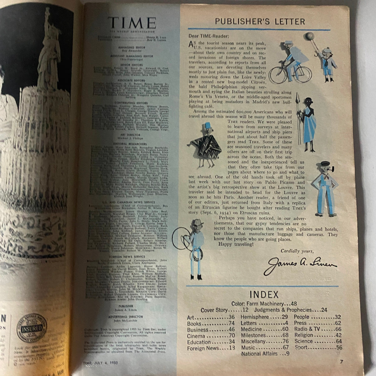 Interior page of VTG Time Magazine July 4, 1955, showcasing the Publisher's Letter with an index and information reflecting the post-World War II era.