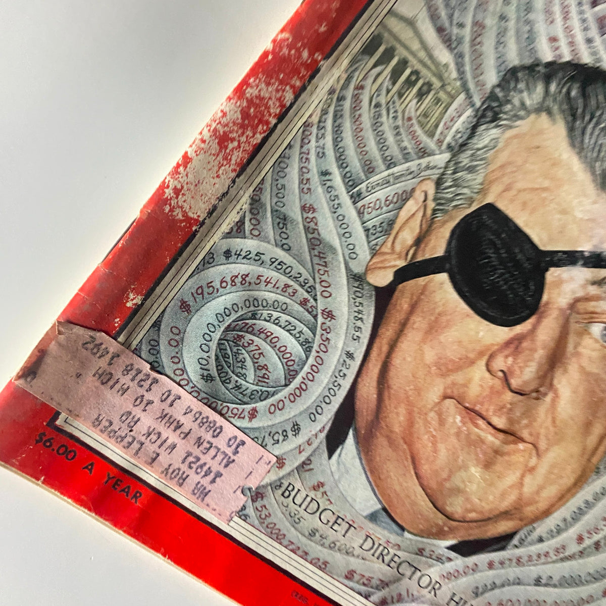 Close-up of the cover of VTG Time Magazine January 23, 1956, highlighting Rowland Hughes, with a vintage price tag and the intricate background design featuring swirling financial data.