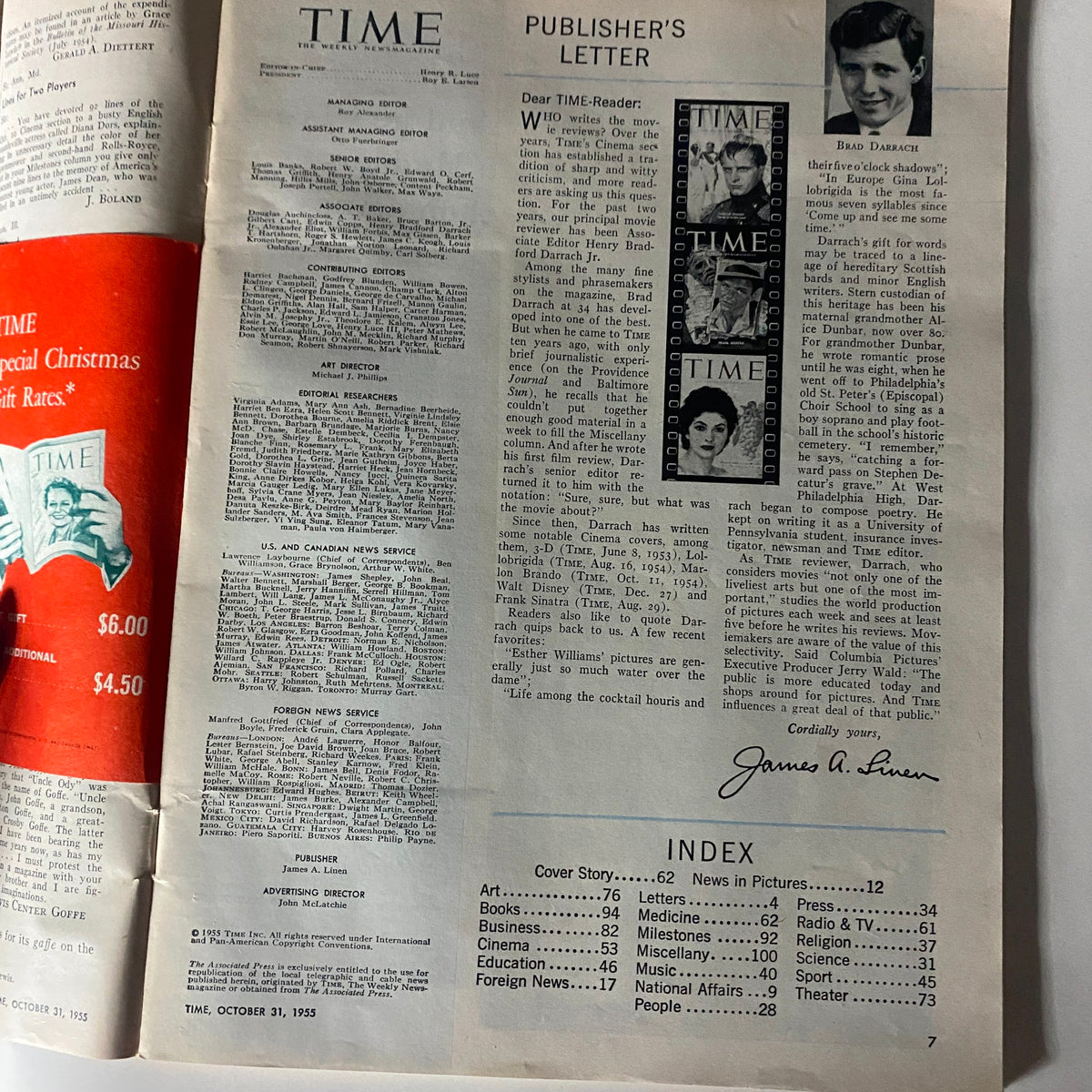 Inside page of VTG Time Magazine October 31, 1955, featuring the Publisher's letter and an index of articles. The issue highlights heart specialist Irvine H. Page on the cover.