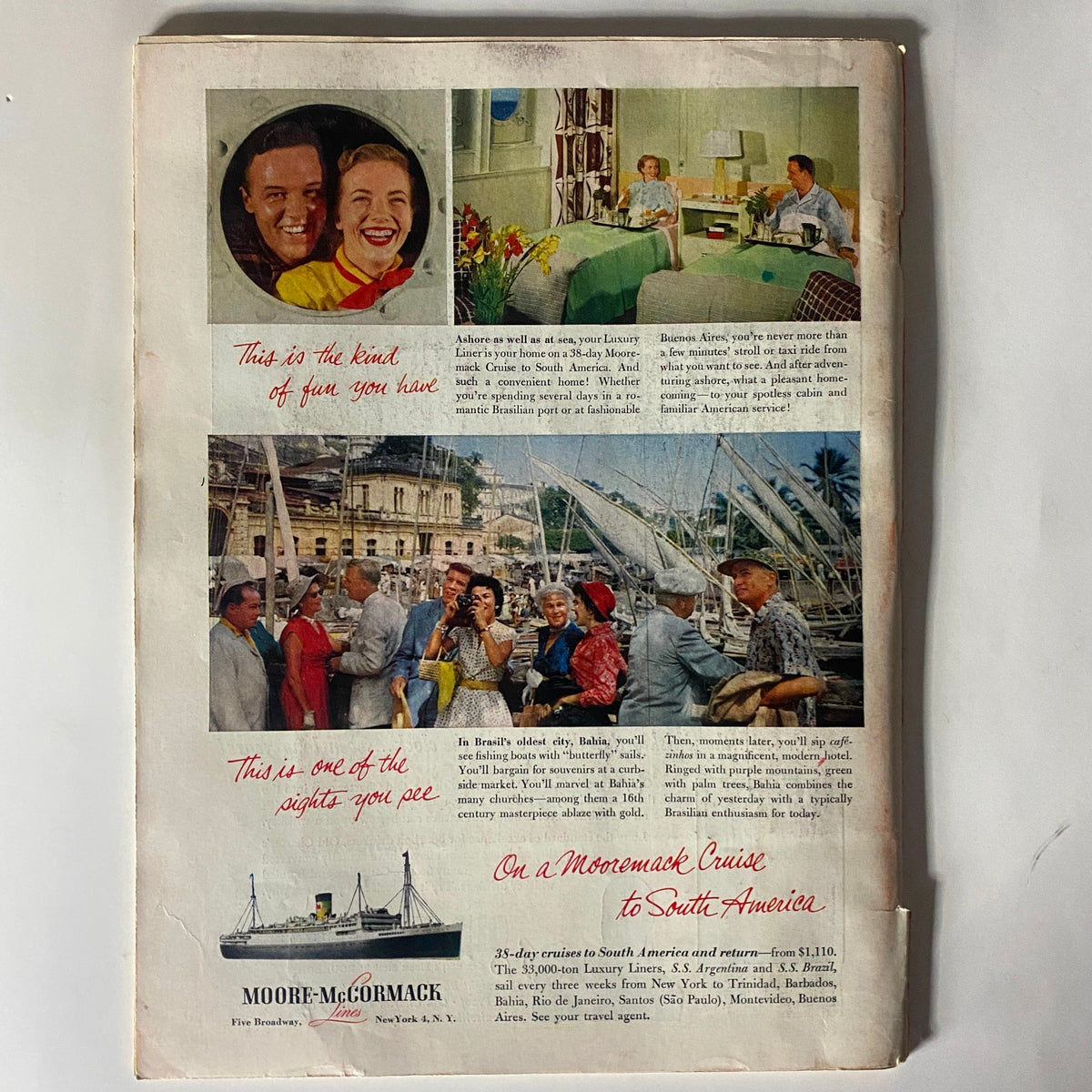 Back cover of VTG Time Magazine October 31, 1955, featuring an advertisement for Moore-McCormack luxury cruises to South America, showcasing vibrant images of travelers and tropical scenes.
