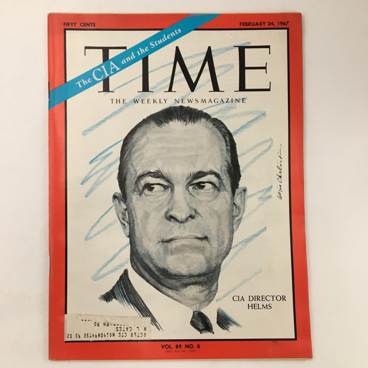 Cover of Time Magazine February 24, 1967, Volume 89, Number 8, featuring a portrait of CIA Director Richard Helms, highlighting the issue's theme of the CIA and its connection to students during the Cold War era.