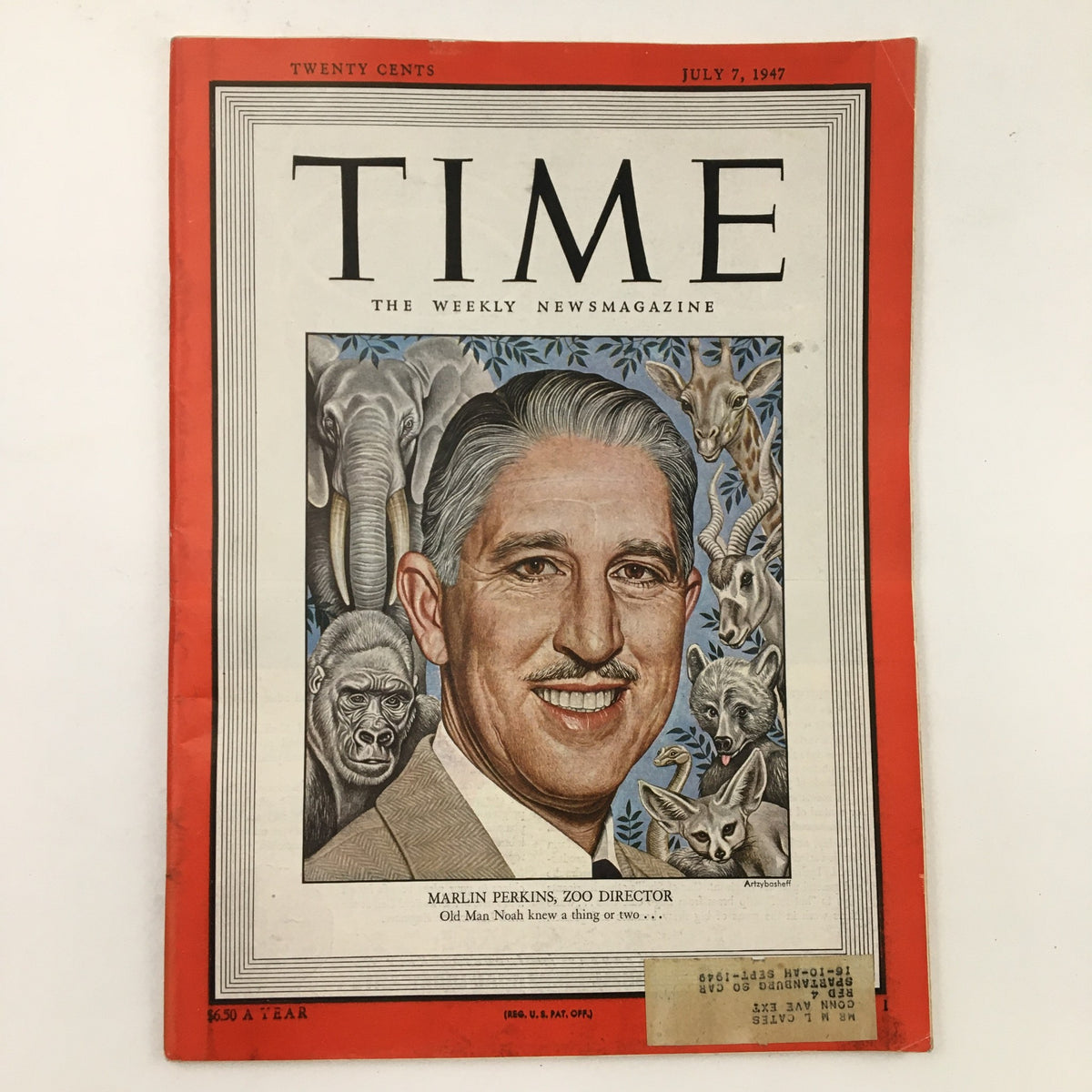 Time Magazine cover from July 7, 1947, featuring Marlin Perkins, Zoo Director, illustrated with various animals including a gorilla and a fox. This edition, Vol. 50 No. 1, highlights the theme of wildlife and conservation. Available in good condition with minor wear and an address label.