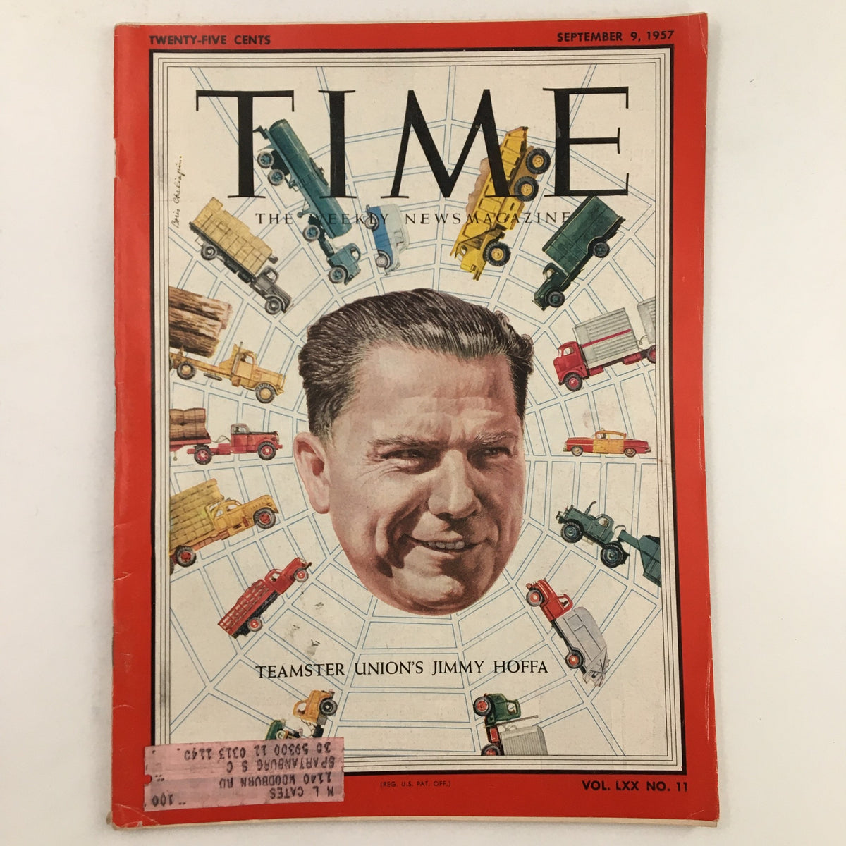 Cover of Time Magazine from September 9, 1957, Volume 70, No. 11 featuring Teamster Union's Jimmy Hoffa, with illustrations of various trucks and a prominent image of Hoffa's face. Good condition with an address label and minor wear, protected by plastic.