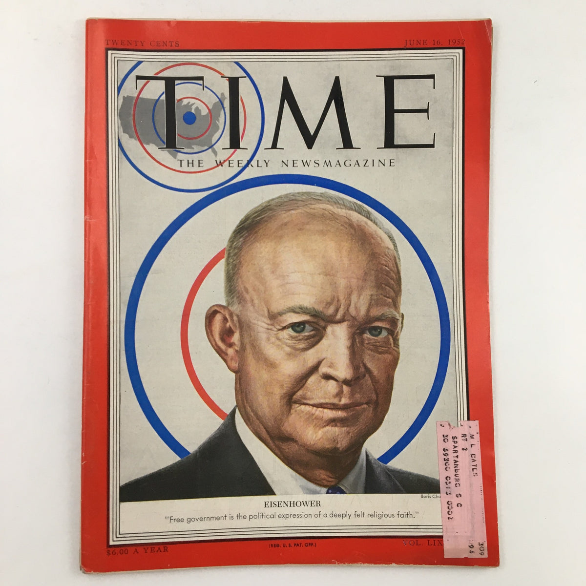 Time Magazine June 16 1952 Vol. 59 No. 24 featuring a photograph of Dwight D. Eisenhower on the cover. The design includes colorful circular graphics, showcasing the historical significance of the publication.