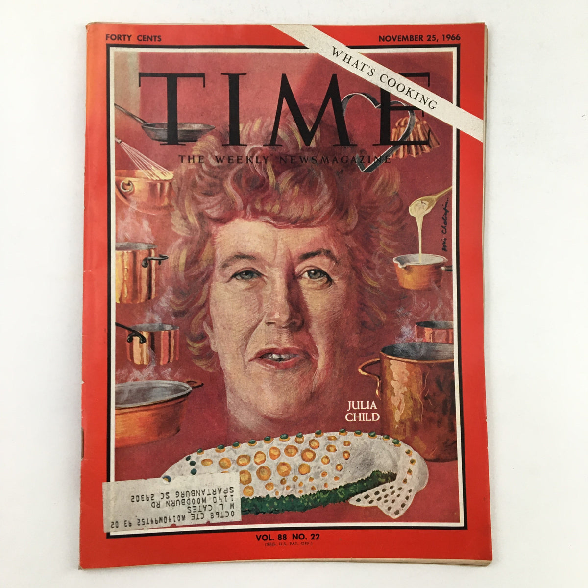 Time Magazine November 25 1966 cover featuring Julia Child, showcasing her culinary influence with kitchen elements in the background.