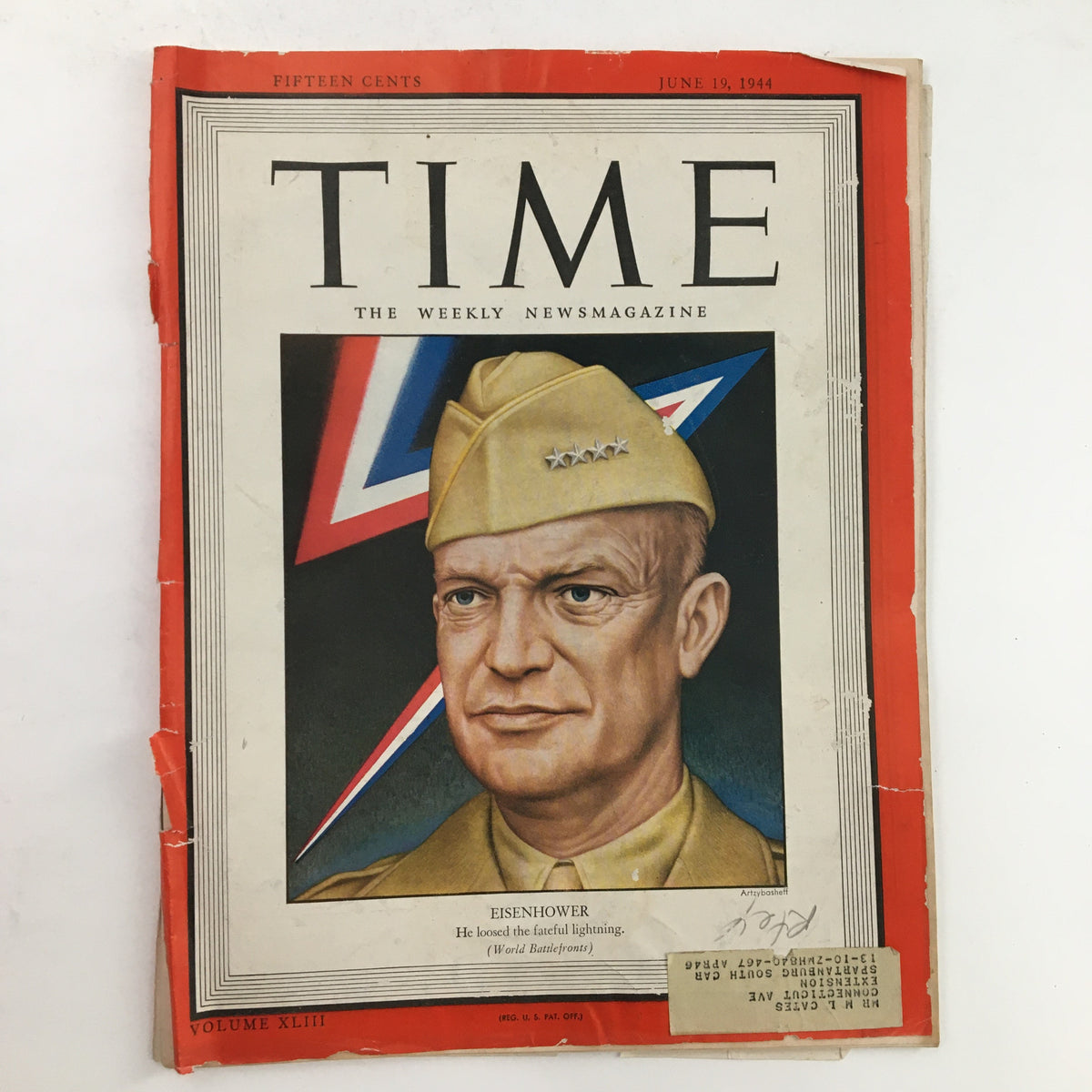 Time Magazine June 19 1944 cover featuring Dwight Eisenhower, Volume 43, Issue 25, highlighting World Battlefronts during World War II.