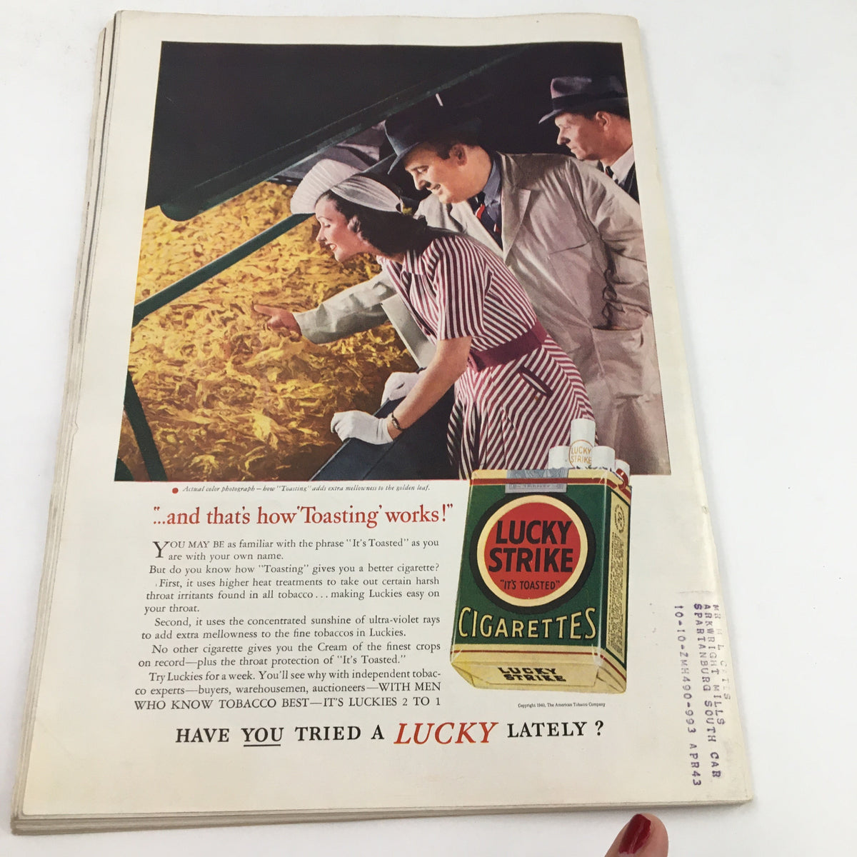 Inside page of Time Magazine June 10 1940 Vol. 35 No. 24 showing a vintage advertisement for Lucky Strike cigarettes, illustrating marketing styles from the era.