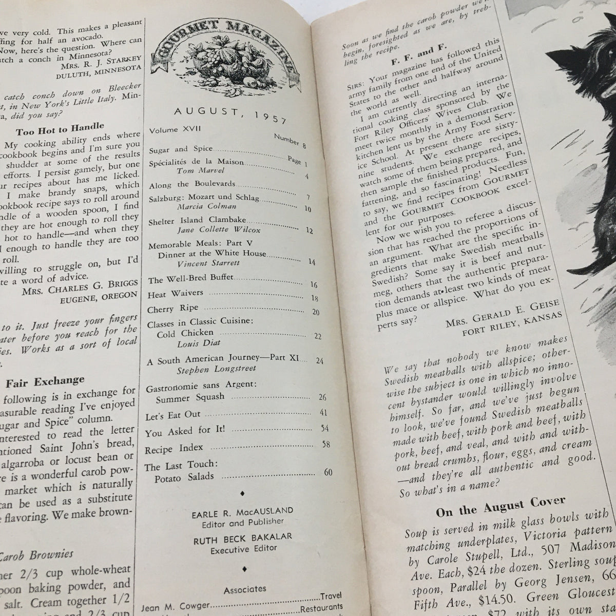 Interior page layout of Gourmet Magazine August 1957 displaying contents and articles, including 'Dinner at the White House' feature.