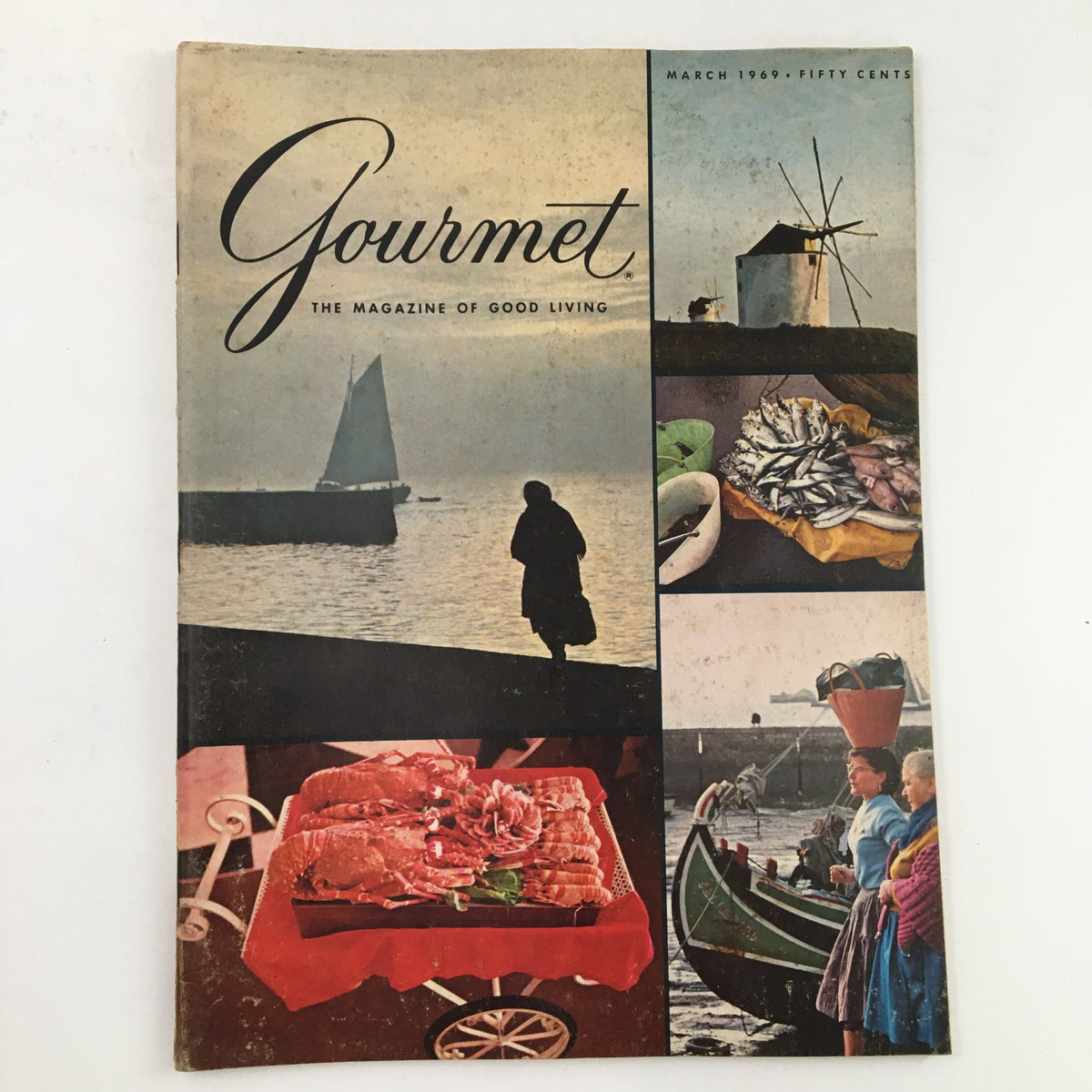 Cover of Gourmet Magazine March 1969 Vol. 39 No. 3 featuring picturesque scenes including a sailboat, a silhouette of a person, seafood, and a vibrant cart of lobsters, showcasing artful photography and culinary themes.