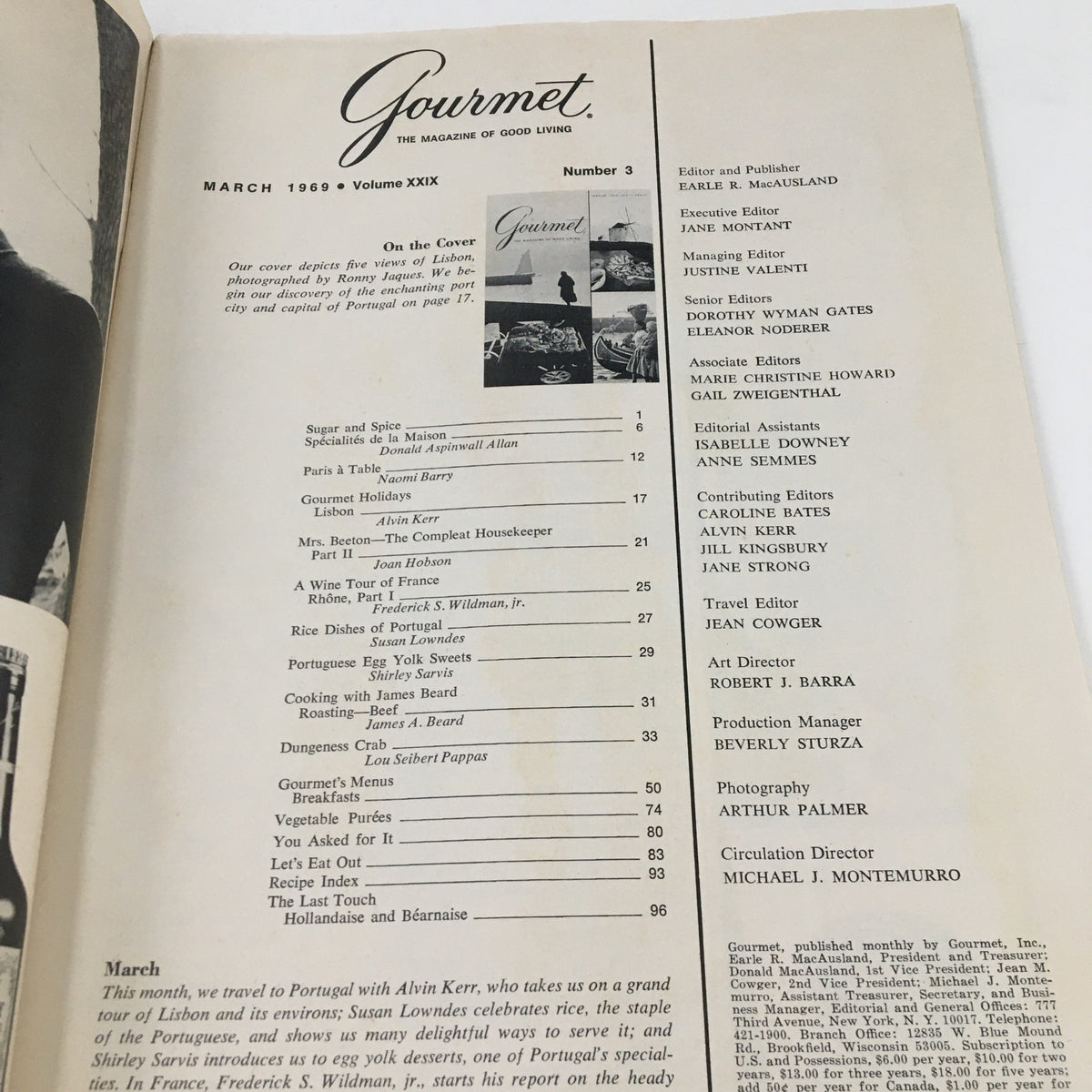 Table of contents of Gourmet Magazine March 1969 Vol. 39 No. 3, listing various articles and recipes including features on Lisbon, Mrs. Beeton's Housekeeper, and other culinary delights.