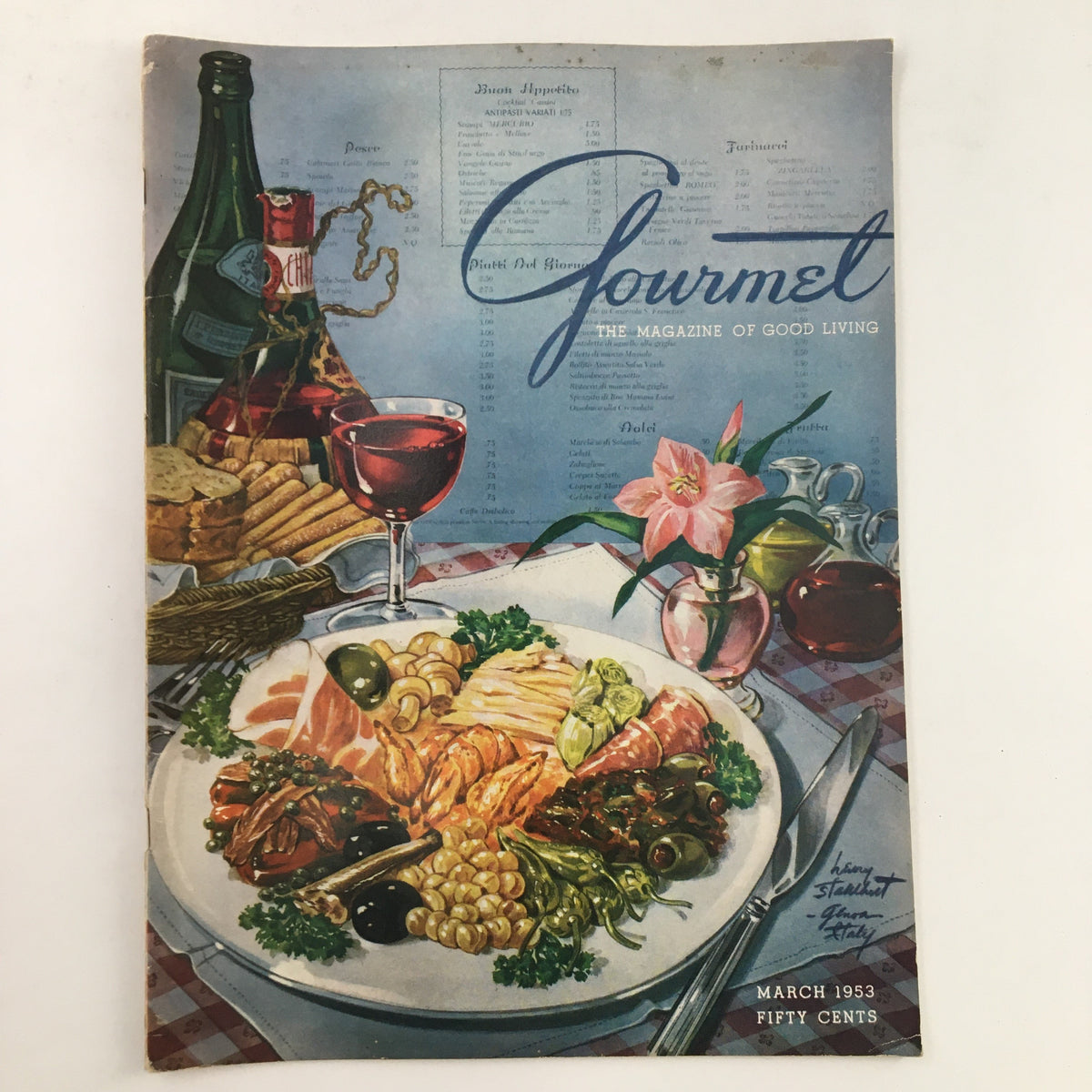 Cover of Gourmet Magazine March 1953, Vol. 13 No. 3 featuring an elegant dining scene with a gourmet dish, wine glass, and 1950s style decor, showcasing Thad Perkins' Sugarbush.
