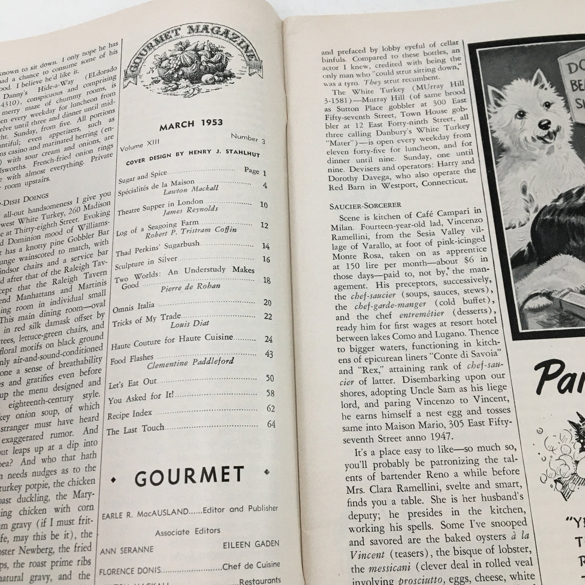 Interior page of Gourmet Magazine March 1953, Vol. 13 No. 3 displaying the magazine's table of contents and the publication details, highlighting culinary articles and features.