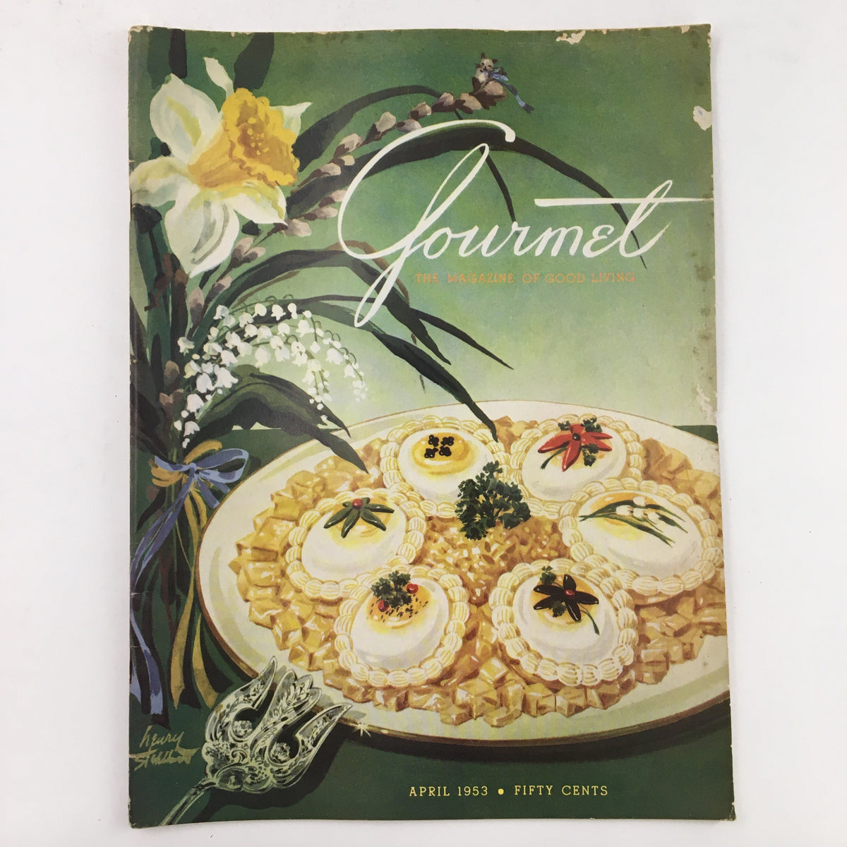 Gourmet Magazine April 1953 Vol. 13 No. 4 cover featuring exquisite culinary presentation and floral design.