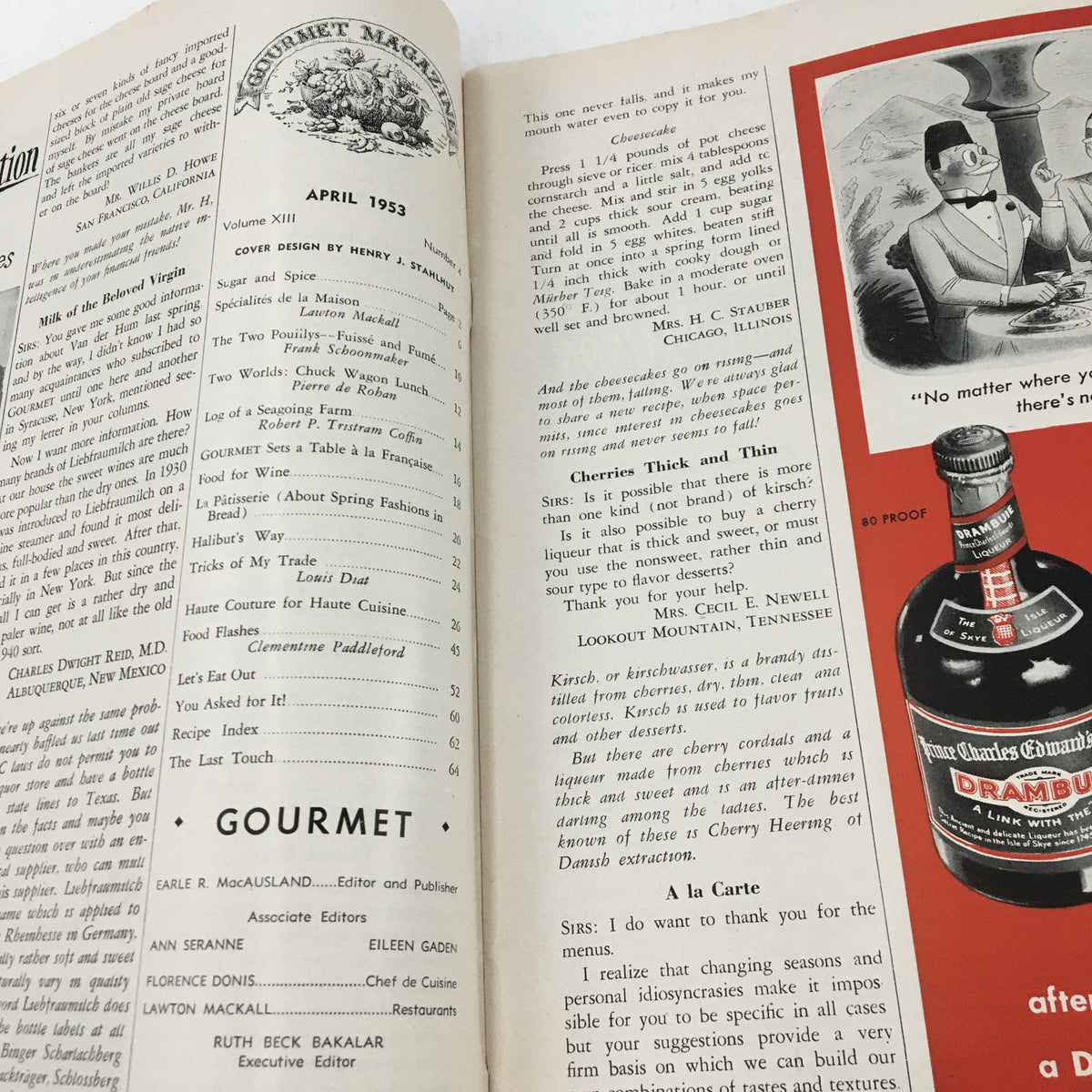 Inside page of Gourmet Magazine April 1953 Vol. 13 No. 4 showcasing table of contents and editorial details.
