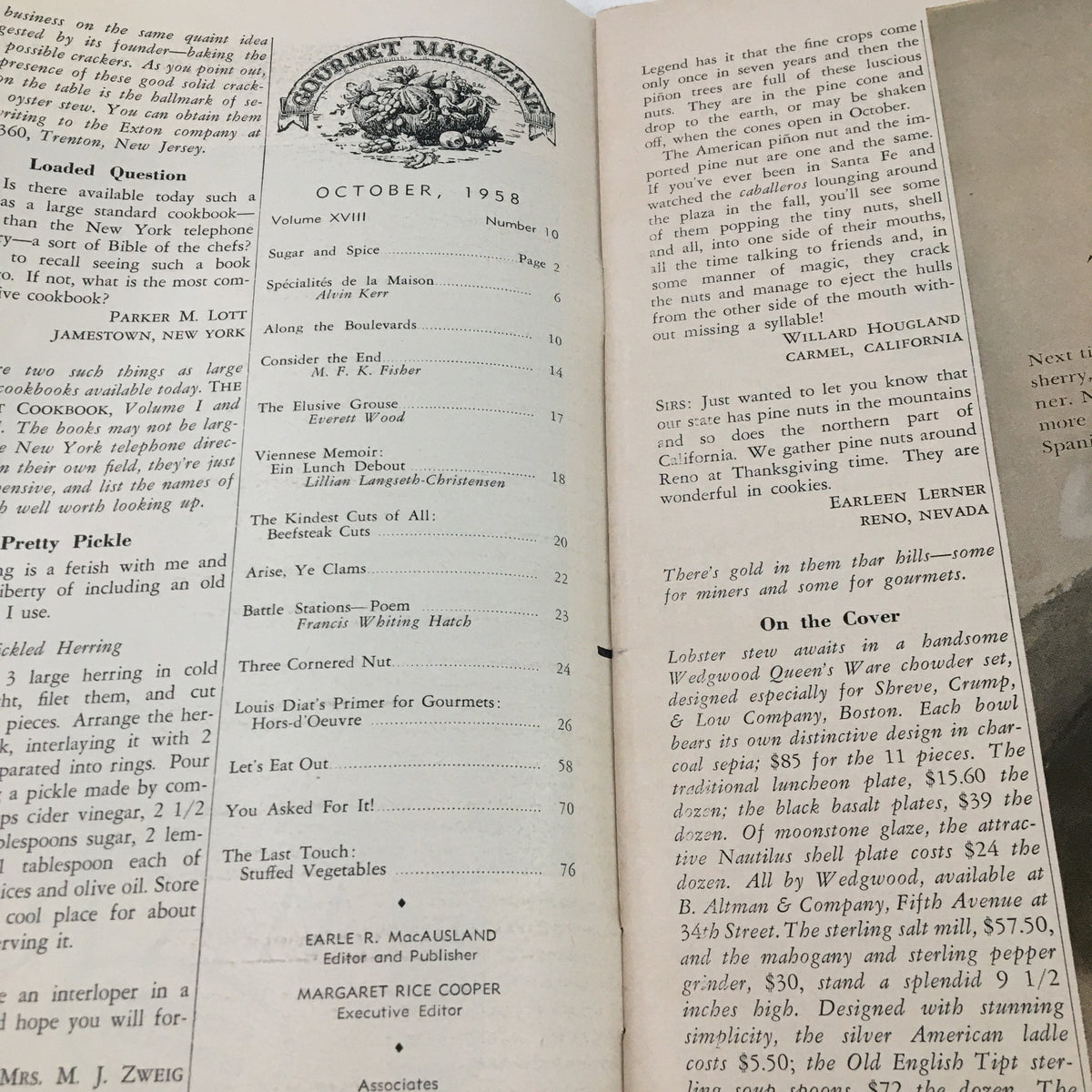 Interior page of Gourmet Magazine October 1958 Vol. 18 No. 10 displaying the table of contents including articles and recipes, emphasizing 'The Kindest Cuts Beefsteak.'