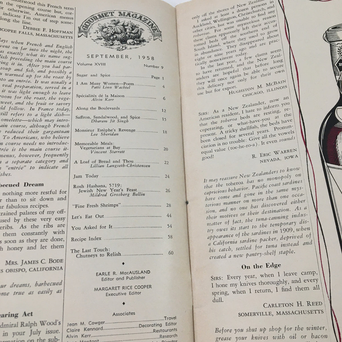 Table of contents from Gourmet Magazine September 1958, Volume 18, Number 9, listing featured articles and recipes including "A Loaf of Bread and Thou".