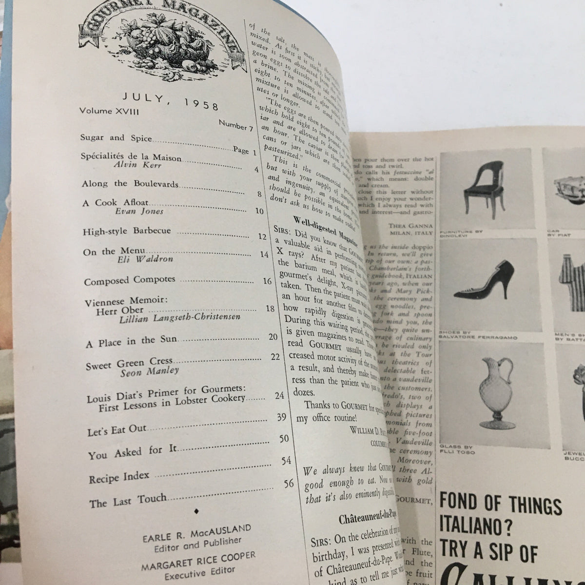 Interior page of Gourmet Magazine July 1958 displaying the table of contents, highlighting articles such as 'A Place in the Sun' and summer recipes, reflecting mid-20th century culinary culture.