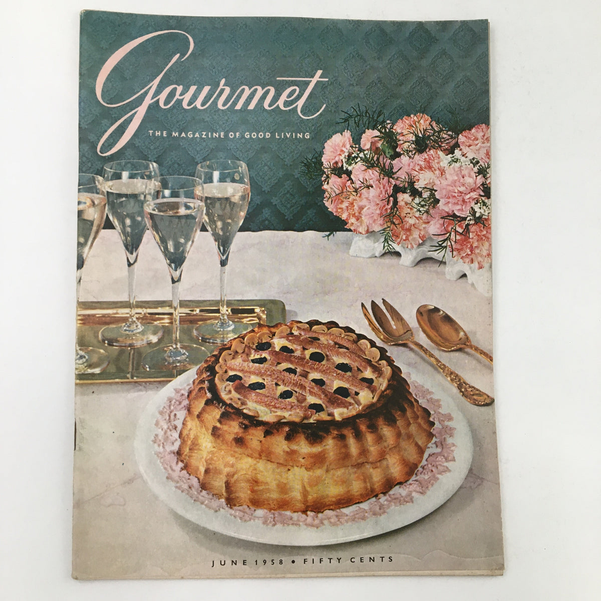 Gourmet Magazine June 1958 Vol. 18 No. 6 featuring a classic dessert presentation with elegant glassware and floral arrangements, showcasing vintage culinary art.