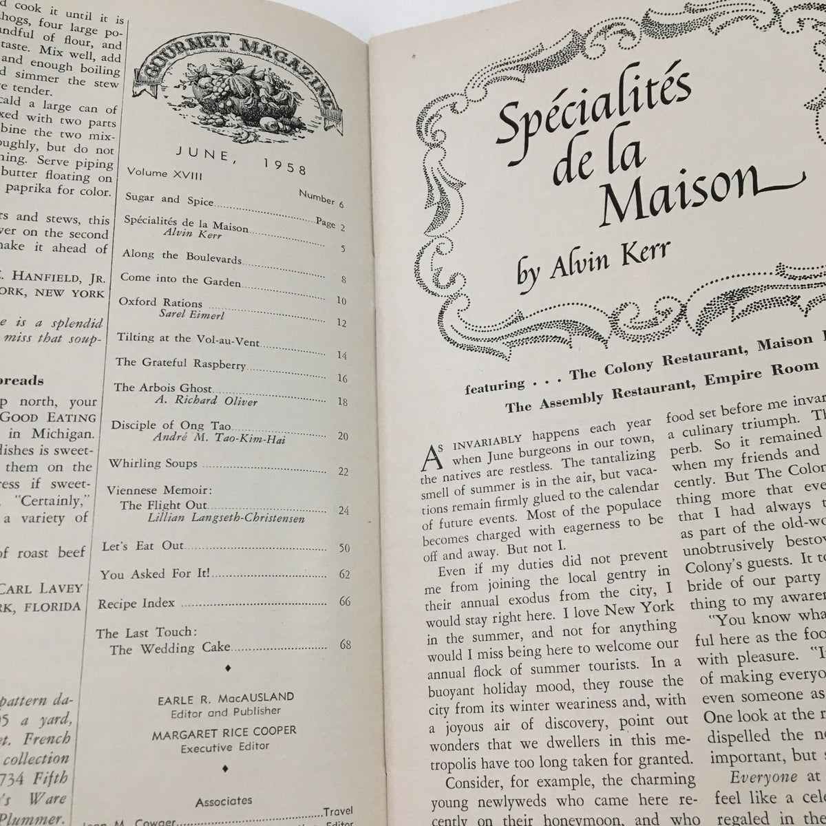 Gourmet Magazine June 1958 Vol. 18 No. 6 interior page displaying the table of contents, highlighting articles including 'The Disciple of Ong Tao' and various gourmet topics.