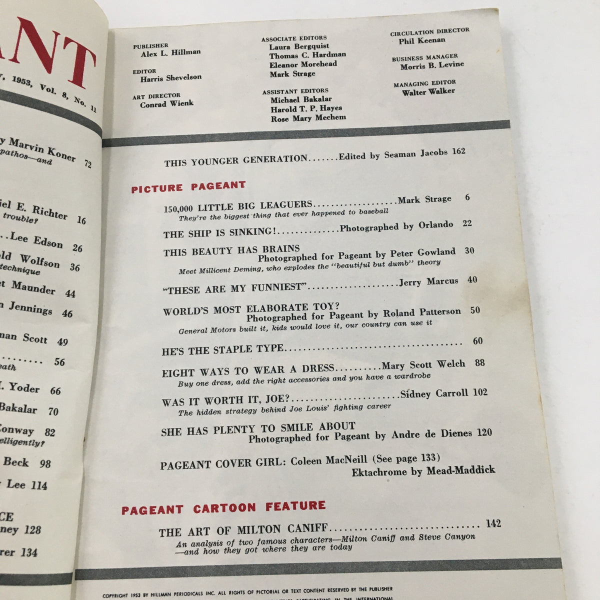 Another interior page from Pageant Magazine, May 1953, Vol. 8 No. 11, displaying the continuation of the table of contents and featured articles, reflecting mid-20th century topics.