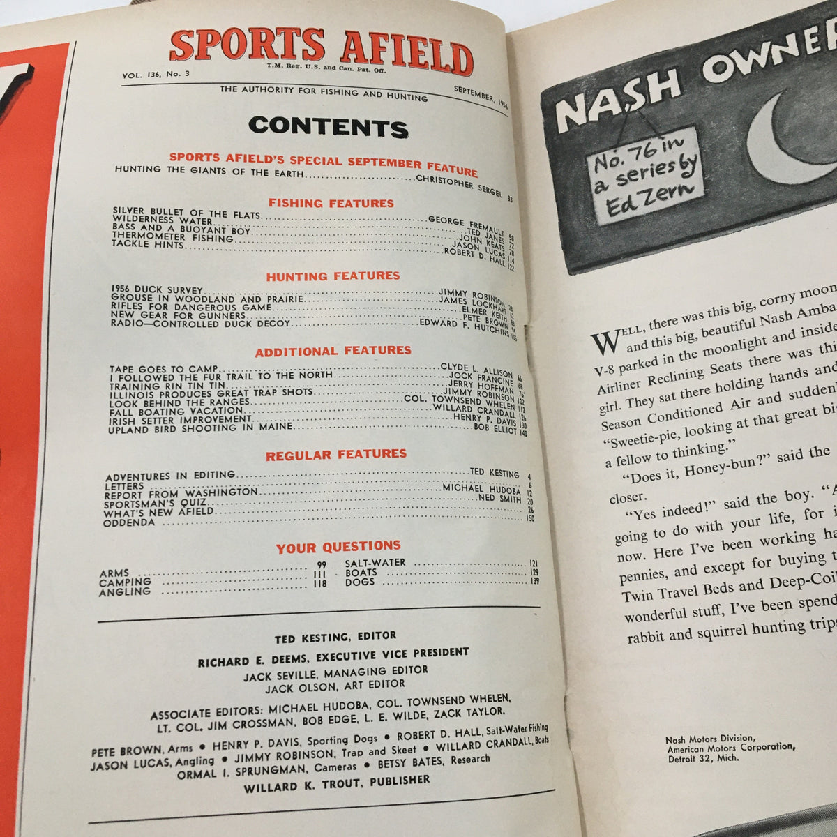 Inside contents page of Sports Afield Magazine, September 1956, listing articles including 'Hunting the Giants of the Earth,' and various fishing and hunting features, showcasing the magazine's focus on outdoor adventures.