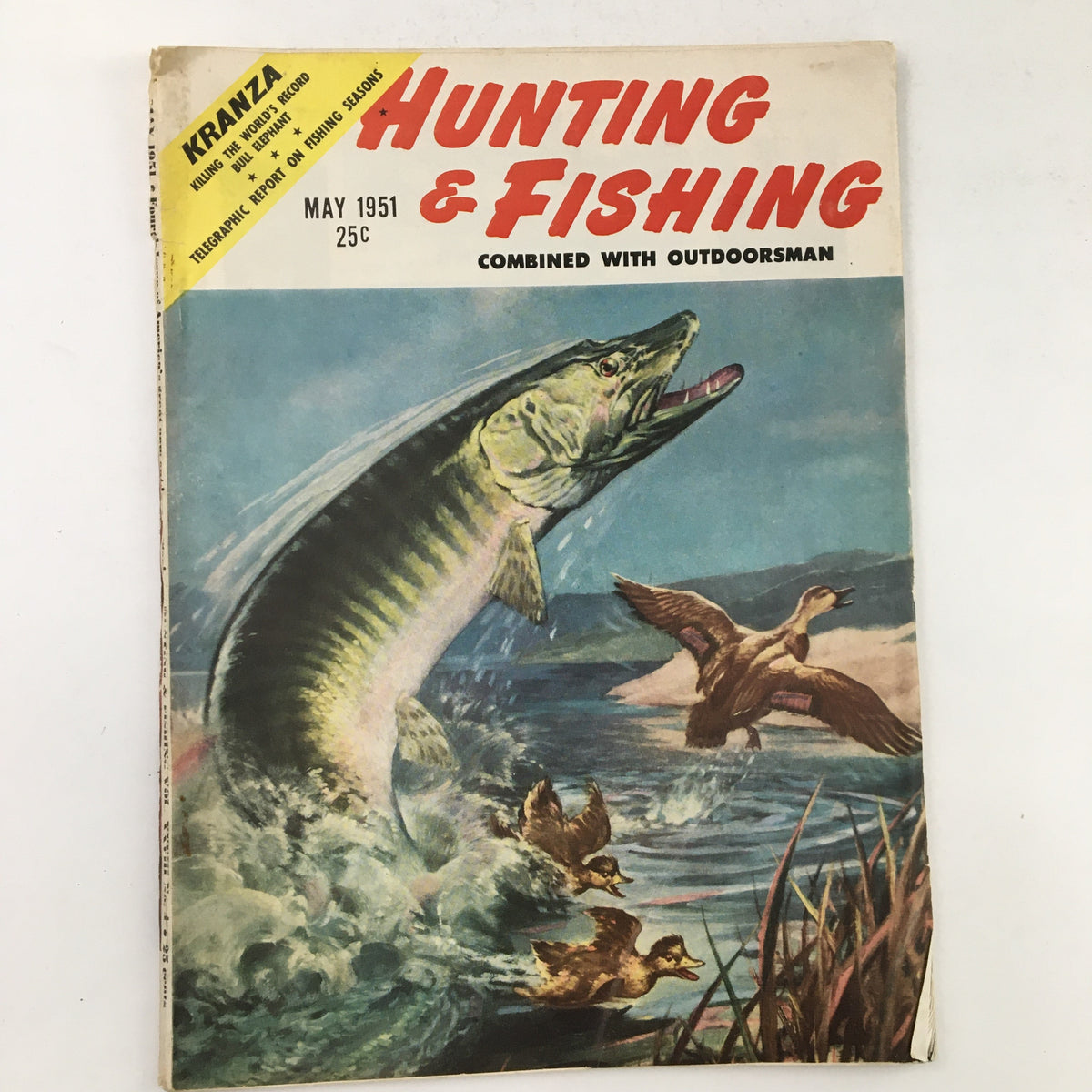 Cover of Hunting & Fishing Magazine May 1951 featuring a leaping fish and ducks, highlighting the headline 'Killing The Record Bull Elephant'.