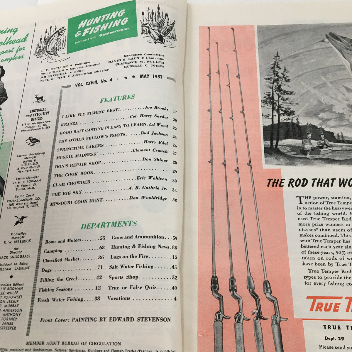 Inside page of Hunting & Fishing Magazine May 1951 showcasing features and articles with a table of contents and fishing equipment illustrations.