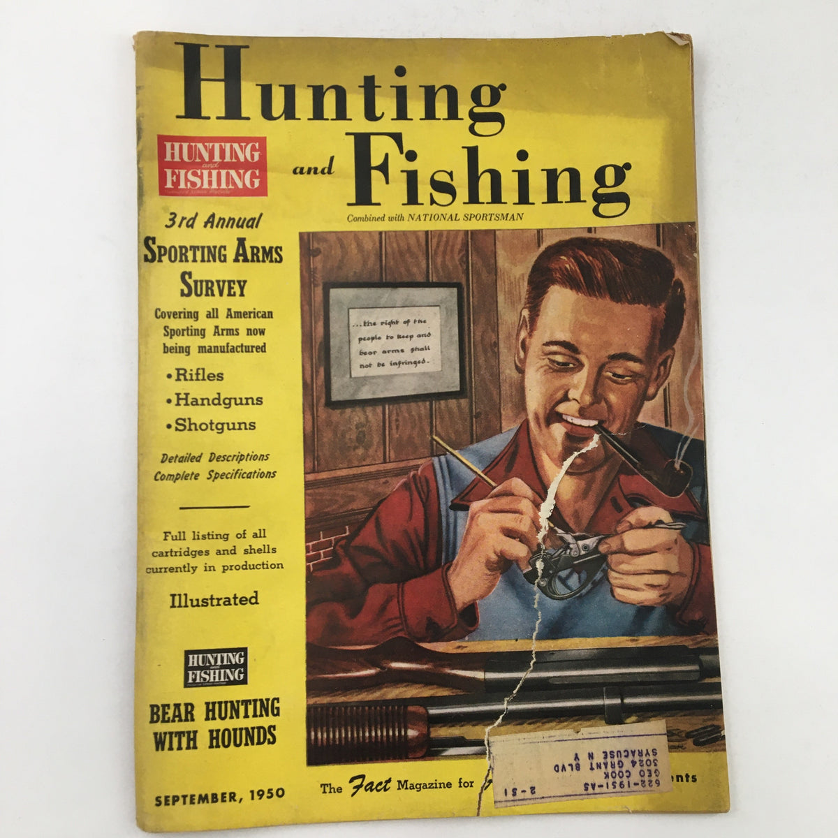 Cover of Hunting & Fishing Magazine September 1950 Vol. 27 No. 9 featuring an illustration of a man working with a firearm, highlighted by a bright yellow cover and details about bear hunting with hounds.