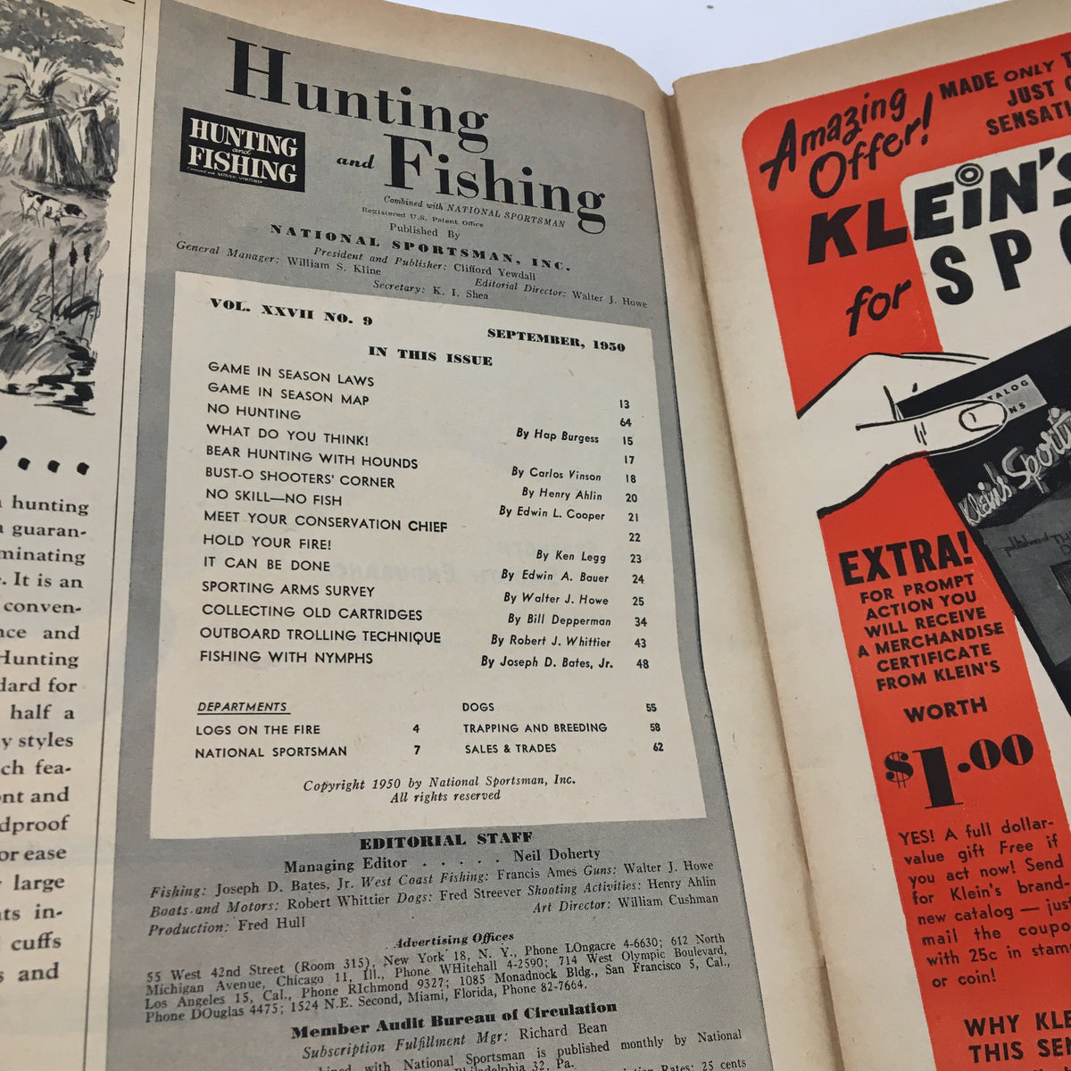 Table of contents page from the Hunting & Fishing Magazine September 1950 Vol. 27 No. 9, listing articles on bear hunting and other outdoor activities, reflecting mid-20th century hunting culture.