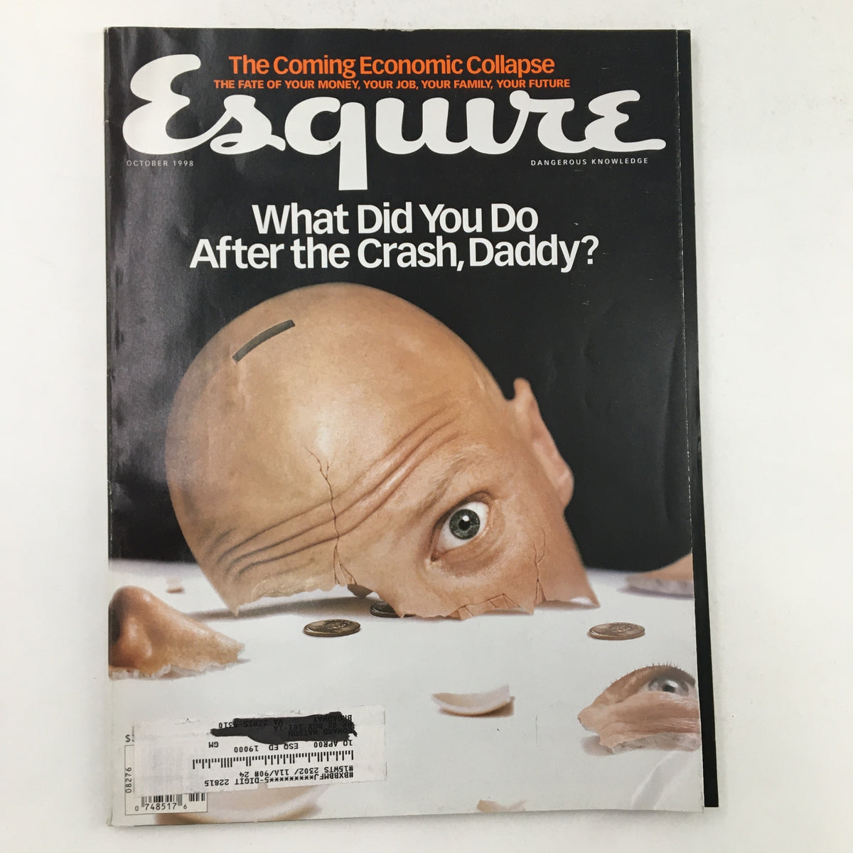 Esquire Magazine October 1998 cover featuring the headline 'The Coming Economic Collapse - Fate of Your Money'. The cover features an artistic depiction of a fragmented face and coins, representing the theme of economic fears.
