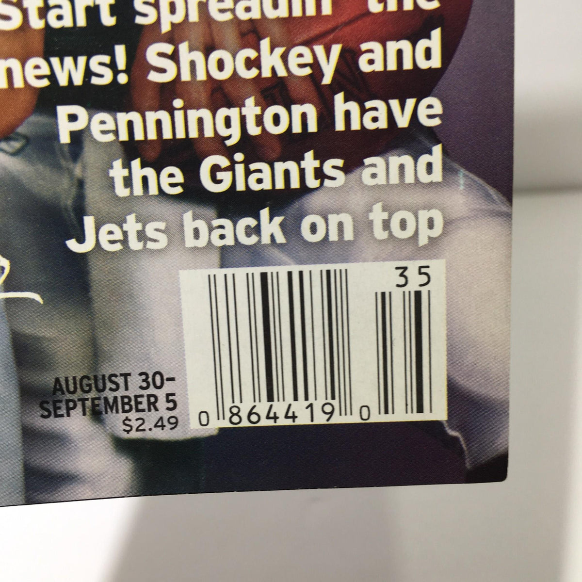 Close-up image of the barcode on the back cover of TV Guide, August 30-September 5, 2003, featuring NFL stars Jeremy Shockey and Chad Pennington.