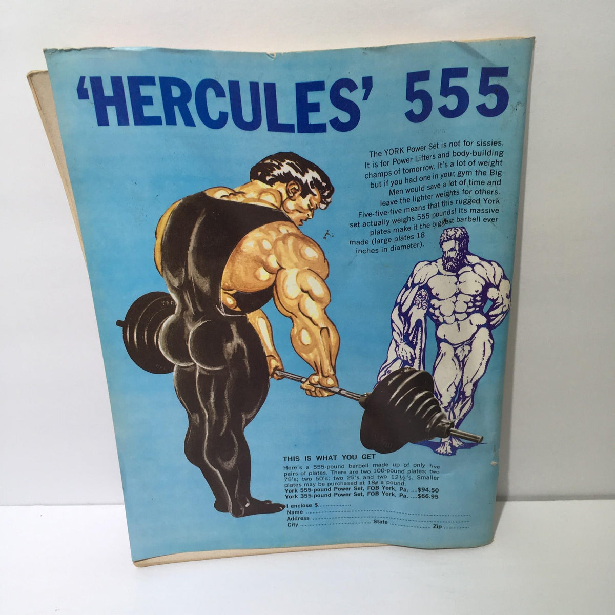Cover image of Muscular Development Magazine 1969 Mr. America Contest Report featuring a colorful illustration of a bodybuilder lifting weights, promoting the York Power Set, capturing the essence of bodybuilding culture in 1969.