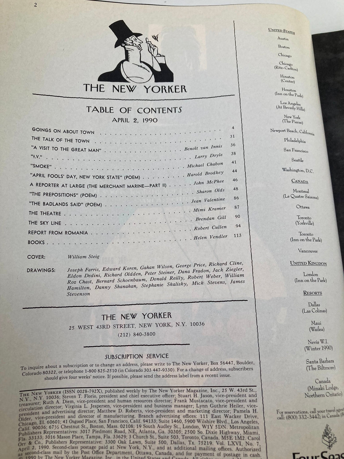 The New Yorker Full Magazine April 2 1990 table of contents page showcasing featured articles and the cover artist William Steig.