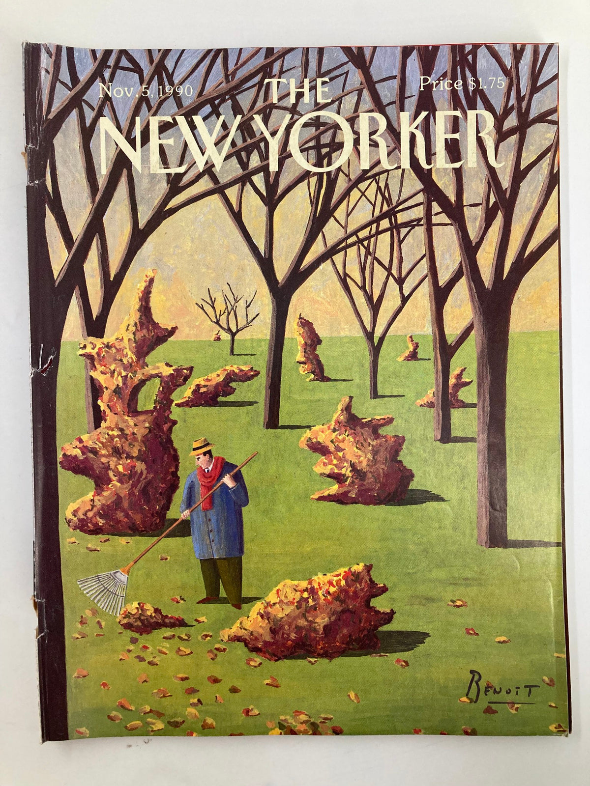 Cover of The New Yorker magazine, November 5, 1990, featuring the artwork 'Leave Sculpture' by Benoit van Innis, showcasing a man raking leaves amidst artistic stone sculptures in a colorful landscape.
