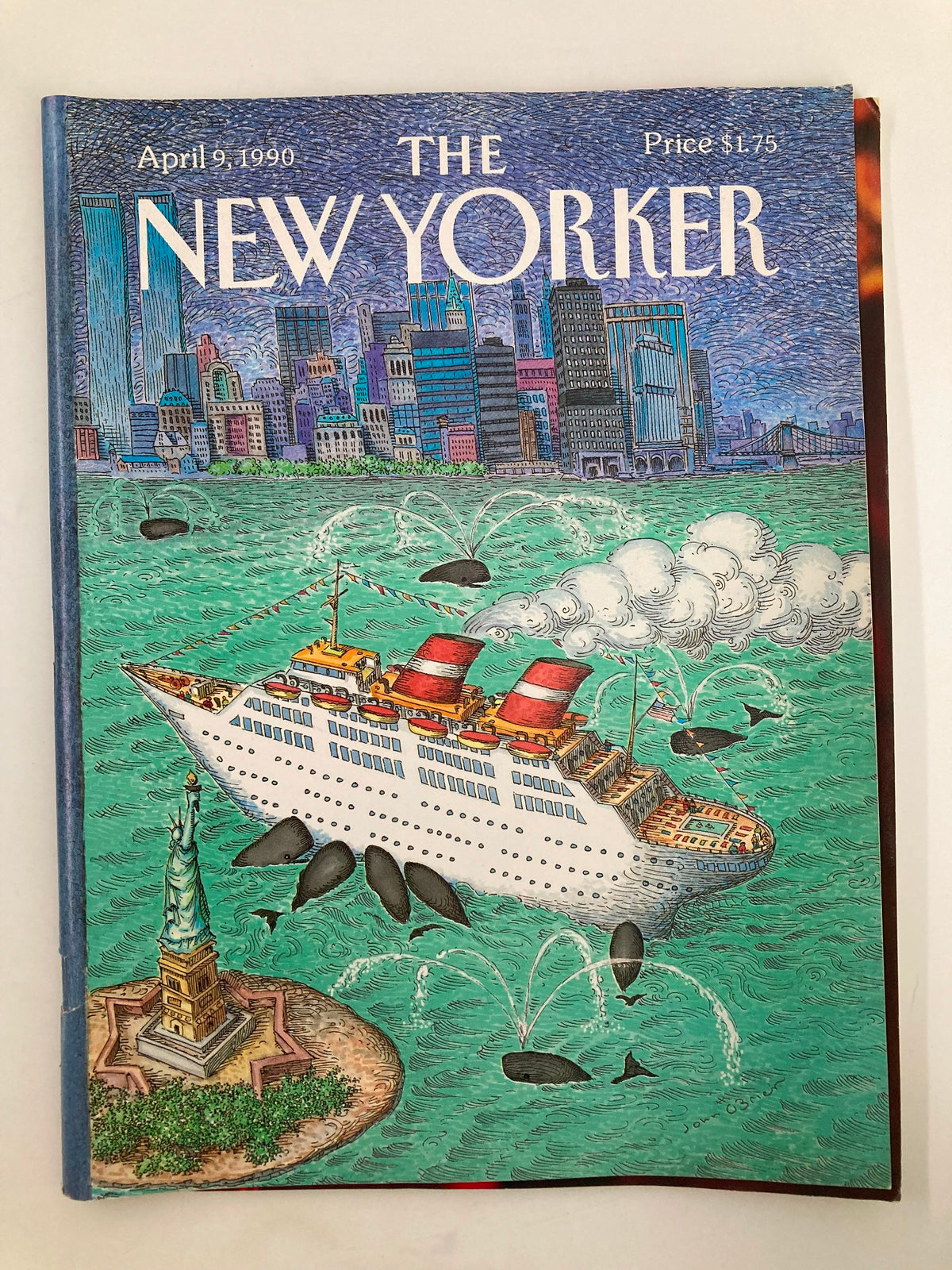 Cover of The New Yorker magazine from April 9, 1990, featuring an illustration of a cruise ship near the Statue of Liberty and a vibrant New York City skyline.