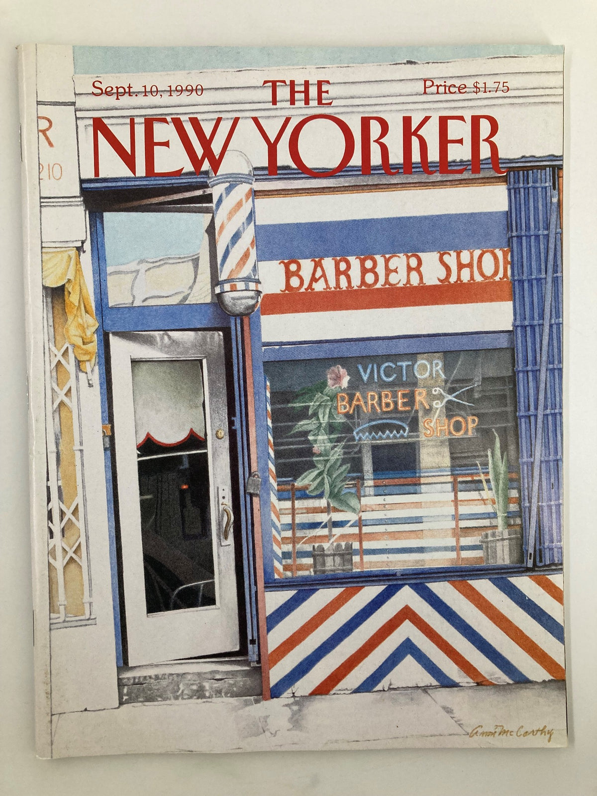 The New Yorker Full Magazine September 10, 1990 featuring the cover illustration 'Barber Shop' by Ann McCarthy, showcasing a barber shop facade with red and blue striped details.