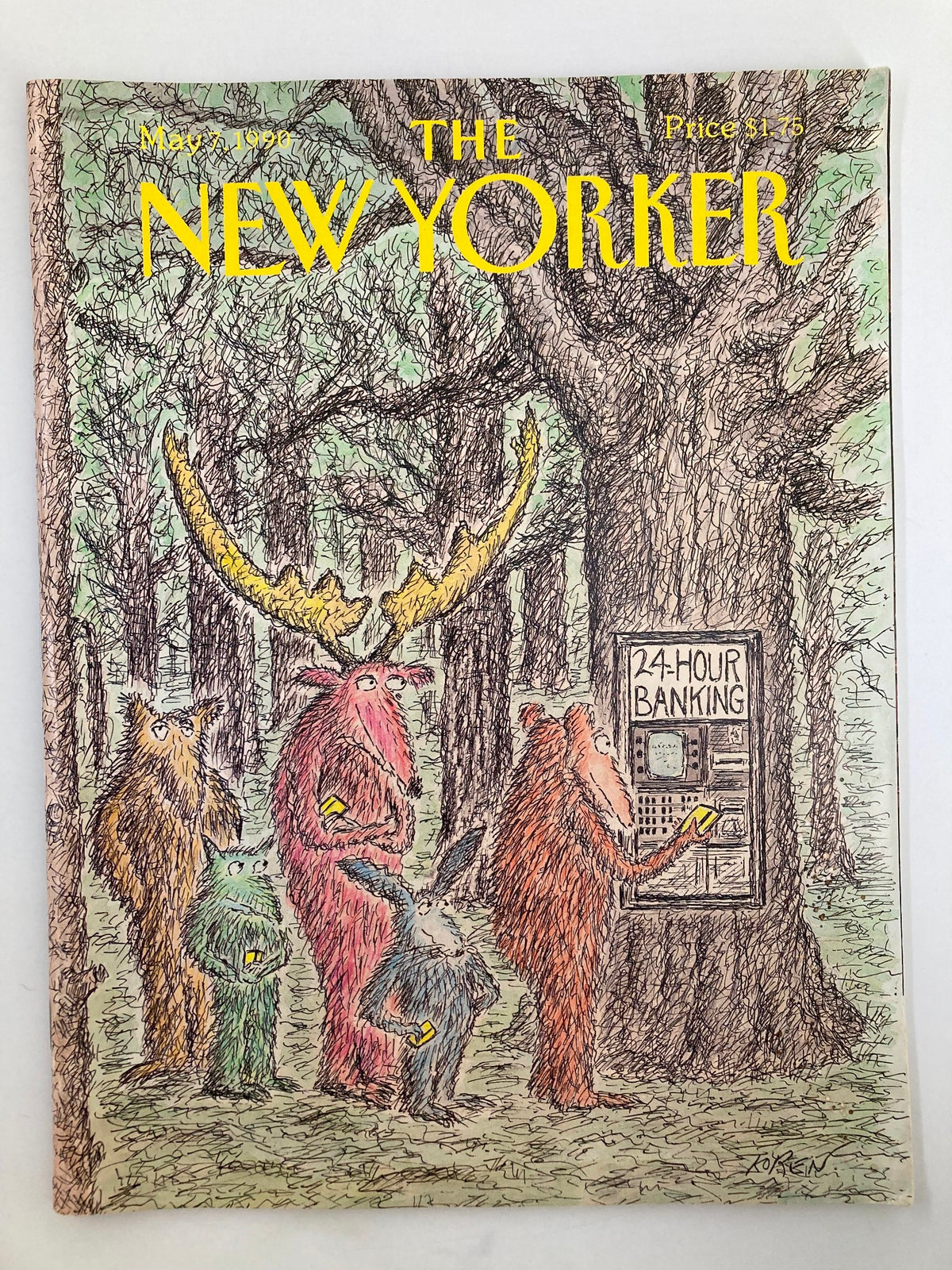 Cover of The New Yorker Full Magazine May 7 1990 featuring the cartoon '24-Hour Banking' by Edward Koren, depicting animales interacting with a banking kiosk in a forest setting.