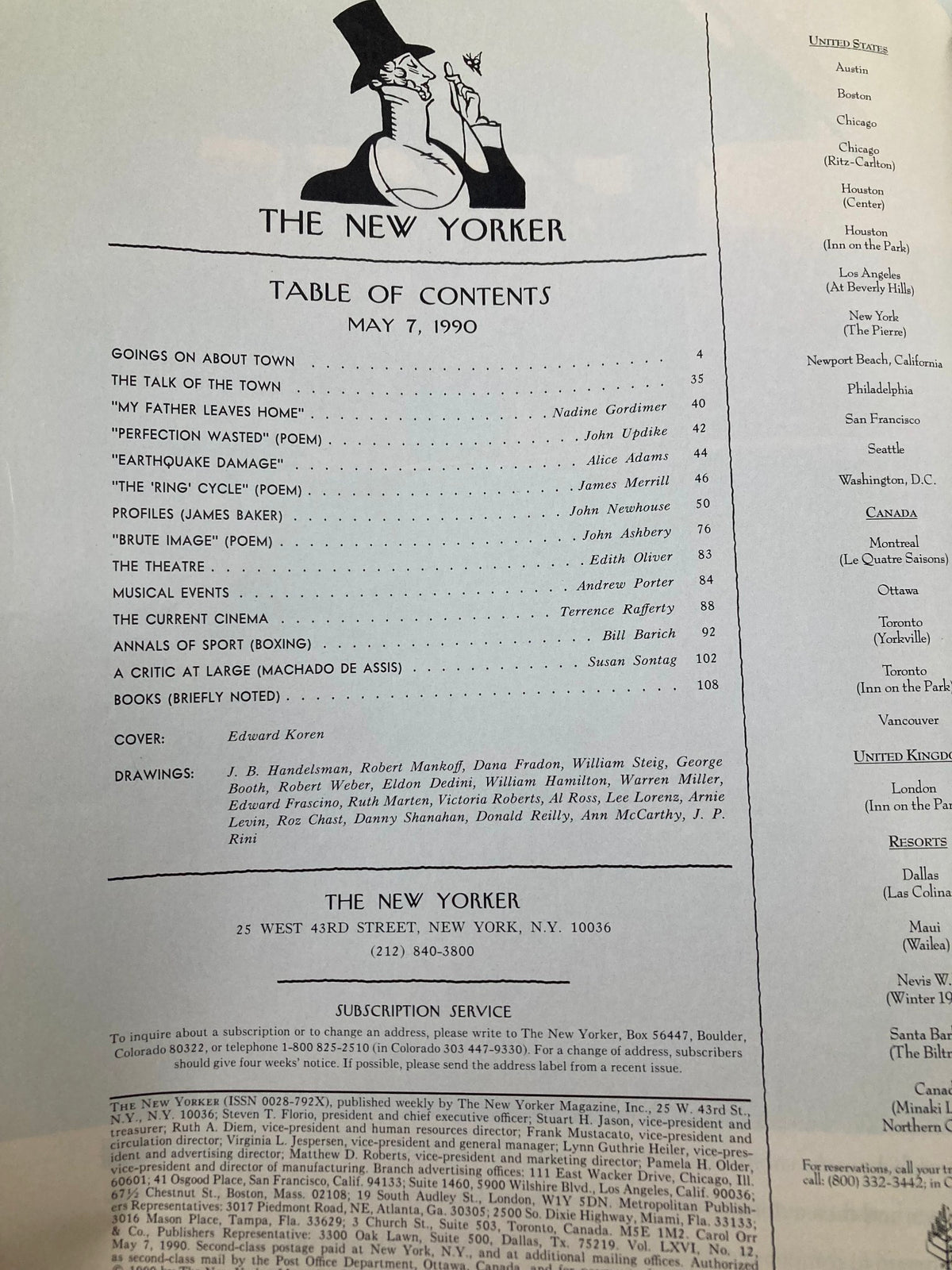 Table of contents from The New Yorker Full Magazine May 7 1990, featuring various articles and poems, illustrated with a distinctive drawing by Edward Koren.