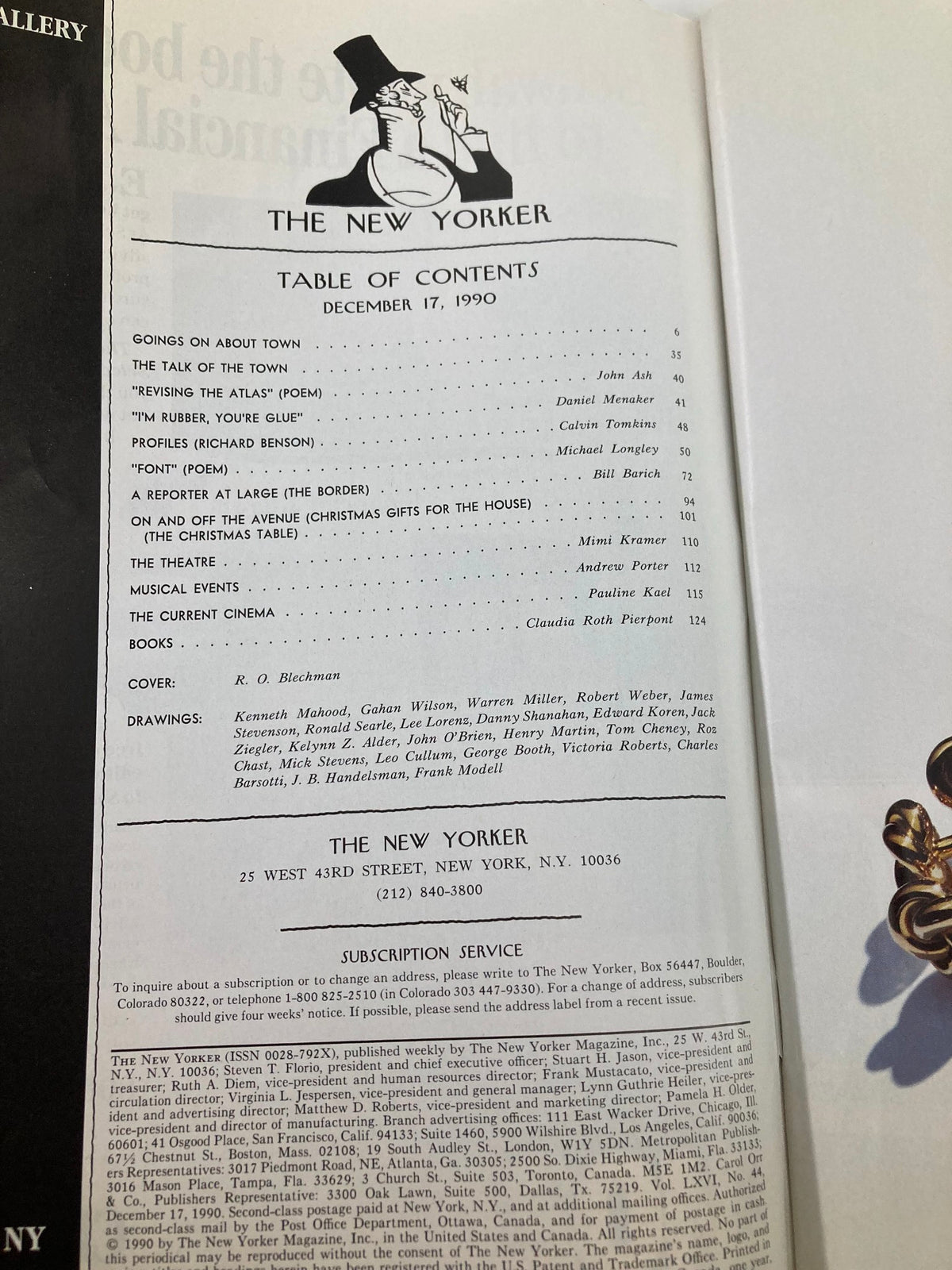 Table of contents page from The New Yorker Full Magazine December 17, 1990, listing articles and features, alongside the cover artist R. O. Blechman.