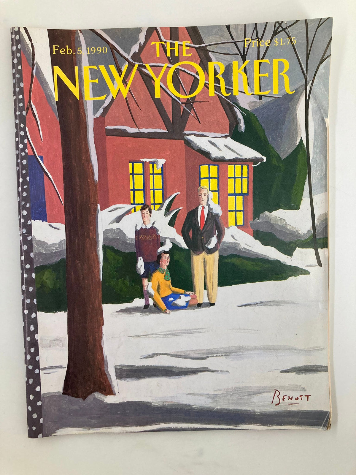 The New Yorker Full Magazine February 5 1990 featuring cover artwork 'Snow Fight' by Benoit van Innis, depicting a snowy scene with three people outside a house with bright yellow windows.