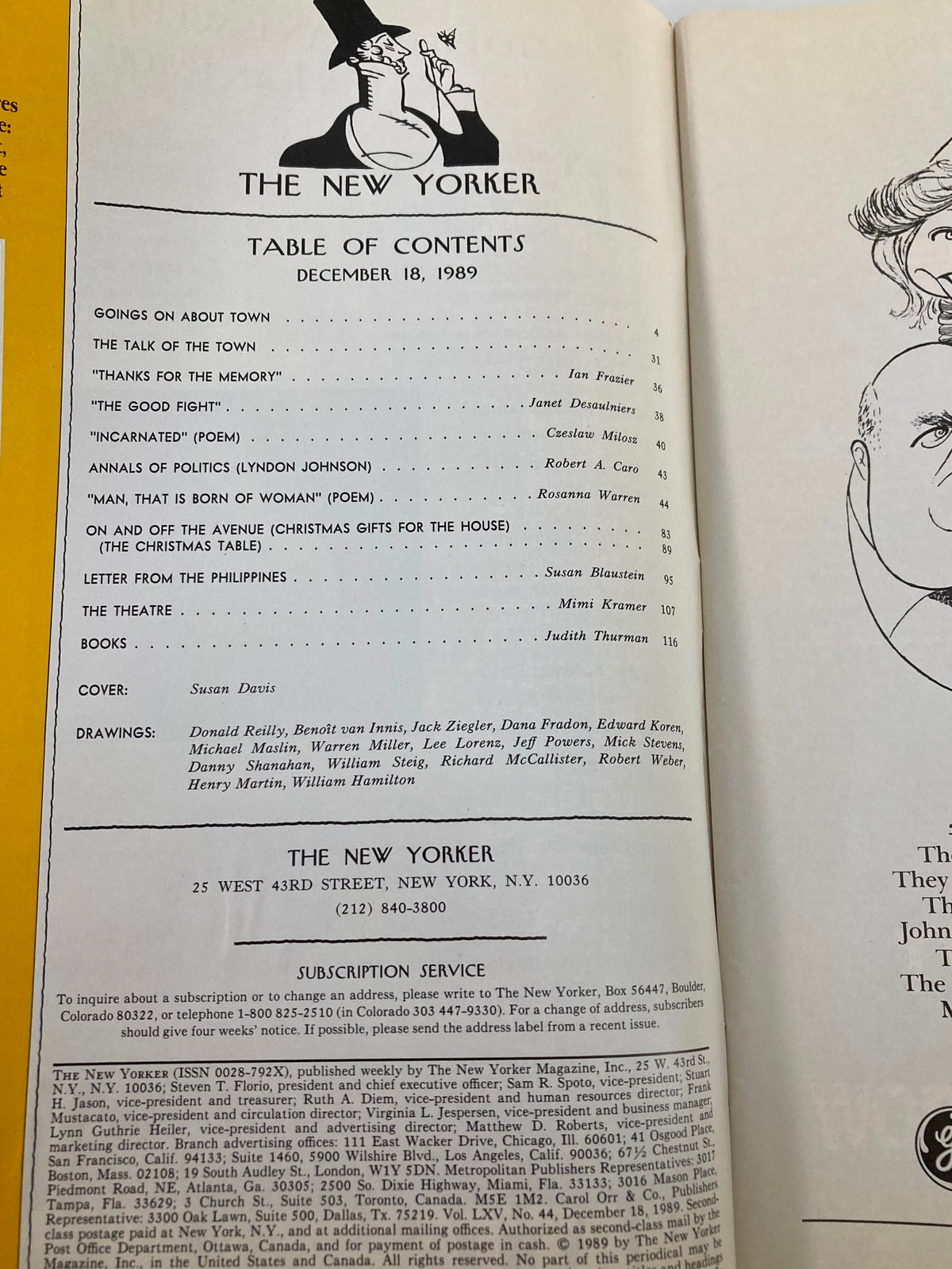 Table of Contents from The New Yorker Full Magazine December 18 1989 featuring articles such as 'Thanks for the Memory,' 'The Good Fight,' and poetry including 'Man, That is Born of Woman.' This issue includes contributions from various writers including Ian Frazier and Janet Desaulniers.
