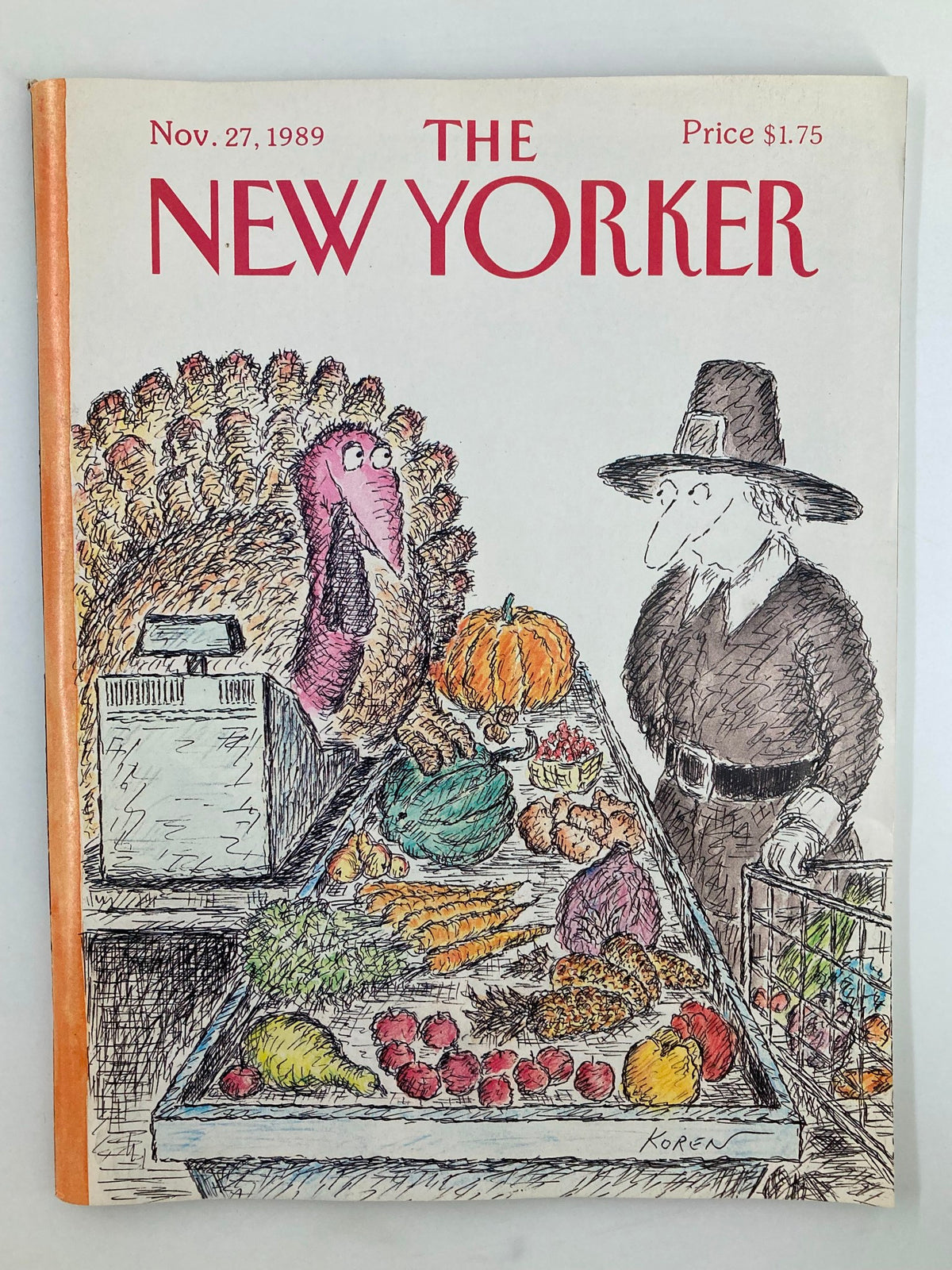 The New Yorker Full Magazine November 27 1989 cover featuring a Thanksgiving theme, illustrated by Edward Koren, showcasing a turkey, autumn vegetables, and a pilgrim.