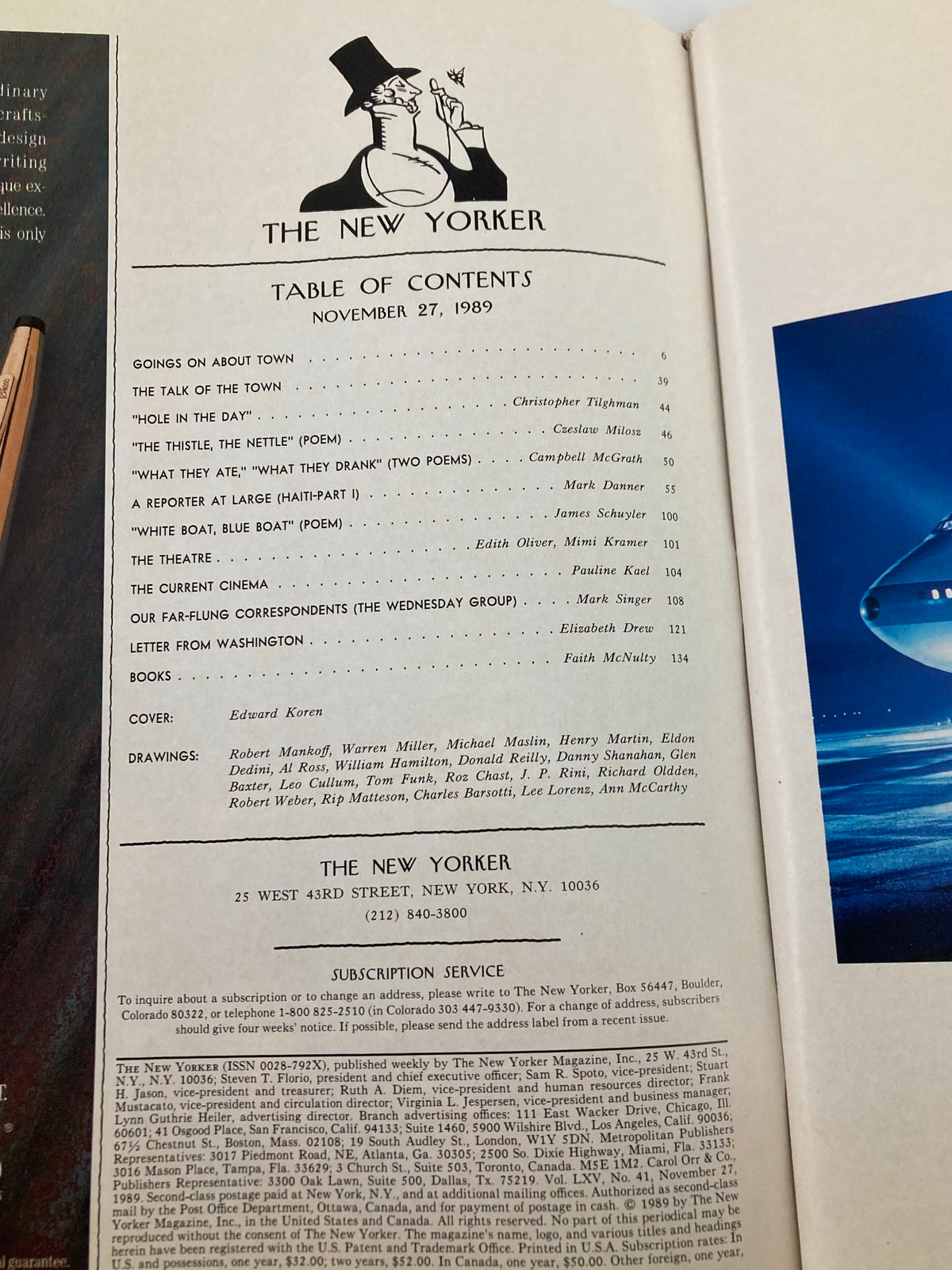 Table of contents from The New Yorker Full Magazine November 27 1989, listing articles and illustrations, including the cover art by Edward Koren.
