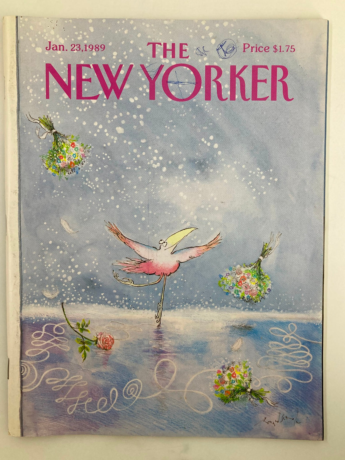 The New Yorker Full Magazine January 23 1989 featuring a whimsical cover illustration of a flamingo dancing on a blue background adorned with flowers and snow.