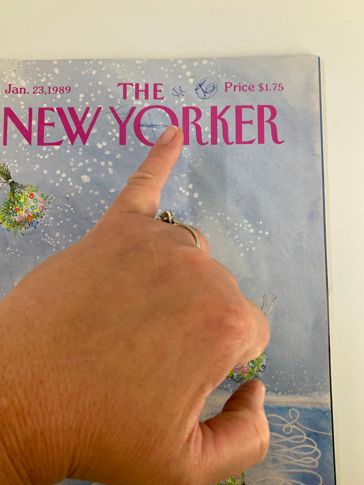 Close-up view of The New Yorker Full Magazine January 23 1989 cover, highlighting the title and a hand pointing to doodles above the logo.
