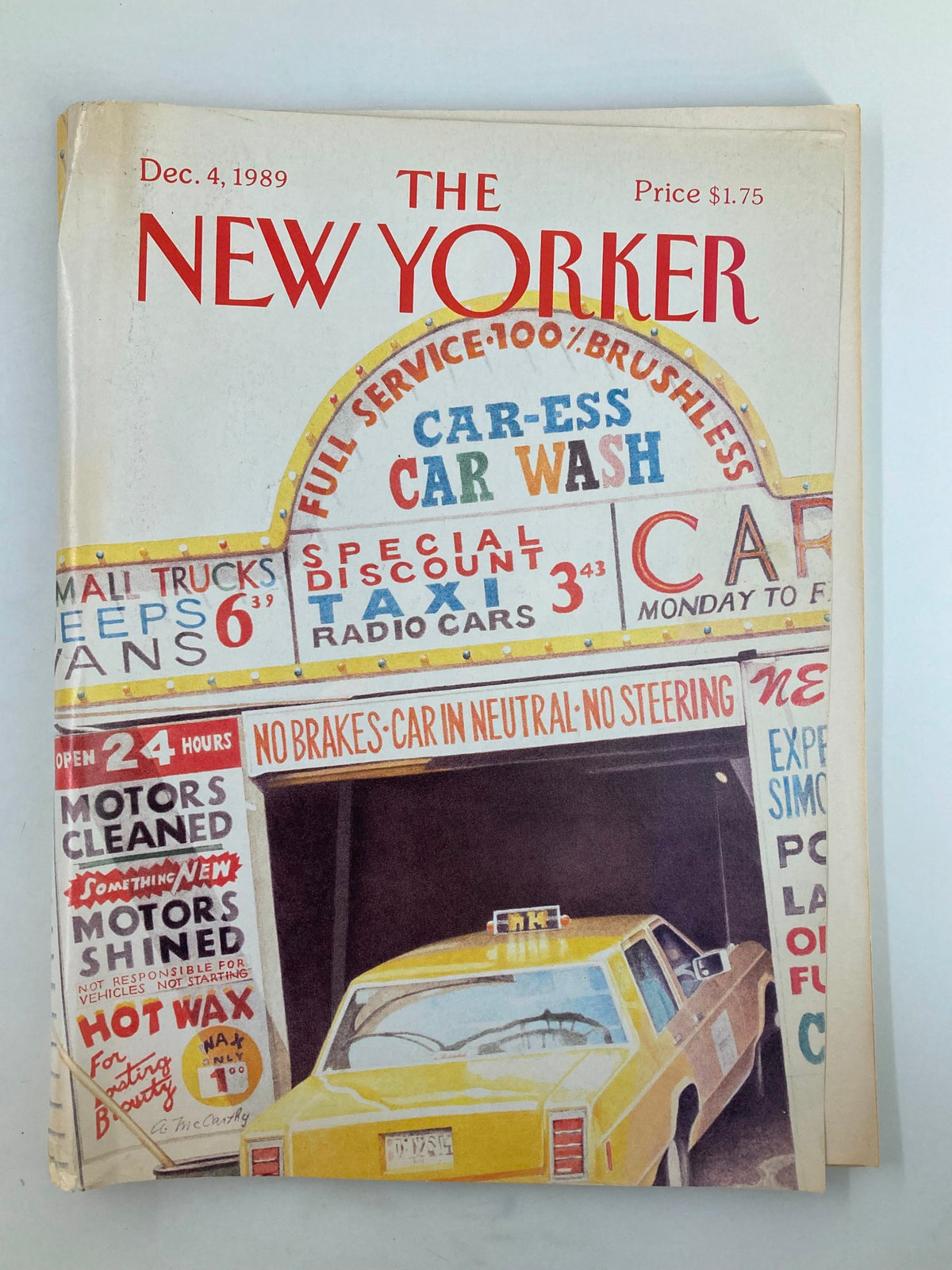 Cover of The New Yorker Full Magazine December 4 1989, featuring artwork titled 'Car Wash' by Ann McCarthy, showcasing a yellow taxi entering a car wash.